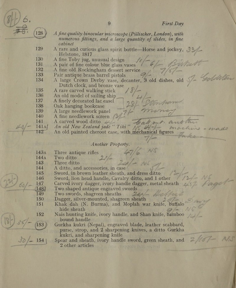 a o&gt; (128 ) A fine quality binocular microscope (Pillischer, London), wath _ pine: numerous fittings, and a large quantity of slides, in fine cabinet | 129 A rare and curious glass spirit bottle—Horse and jockey, 334. Helstone, 1817 y 130 A fine Toby jug, unusual design ft fn y 131 A pair of fine colour blue glass vases. ( @/-—&gt; 4% 132 A fine old Rockingham dessert service . »— vf Sf: 133 Pair antique brass barrel pistols A, - | Sf fp ade 134 A large Crown Derby vase, decanter, 3 old cee old )\/= wOerer er Dutch clock, and bronze vase f 135 A rare carved walking stick y Bf : 136 An old model of sailing ship. f ge fn 137. _—A finely decorated lac easel 90) (Ck. 138 Oak hanging bookcase sc | IRM Ms to. V's 139 A large needlework panel Wy, 7 Vere 7. ; 140 A fine needlework screen fo, i ecererasennnaenemrners ook Sigg aad A carved wood ditto 42/. oy pati Anita f-U/- 4laf An old New Zealand jade “ Tikt”’ WS: Al Pm ee hls - nad + f— “142” ~— An old painted cheroot case, with. mechanical figures | oy Another Property. ‘ 1434 Three antique rifles | iL @ i&gt; 1444 Two ditto Ld fem Pile 143. Three ditto | hoff Ms 144 A ditto, and accessories, in case’ 145 Sword, in brown leather sheath, and dress ations a a 146 Sword, lion head handle, Cavalry ditto, and 1 other f 274— by 3 a/- 147 Carved i ivory dagger, ivory handle dagger, metal sheath 4, ' LLG E64 148] | Two shaped antique engraved swords | : 149 Two swords, shagreen sheaths bef he 150 Dagger, silver-mounted, shagreen sheath | 9 mo - 151 Khak dah (N. Burma), and Moplah war knife, Wet hide sheath Pim ft 152 Nais hunting knife, ivory handle, and Shan knife, bamboo Rie] 9 t oly « bound handle iid” Svdiey’d (153 ) Gurkha kukri (Nepal), engraved blade, leather scabbard, el ae purse, strop, and 2 sharpening knives, a ditto Gurkha meee kukri, and sharpening knife  f . oN JSD /— 154 | Spear and sheath, ivory handle sword, green sheath, and «&amp;/iG f- # Ne peRiade SURI YEG 2 2 other articles . 
