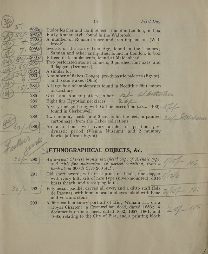  &gt; 15 First Day Tudor leather and cloth objects, found in London, in box Forty Roman styli, found in the Walbrook A number of Roman bronze and iron implements (Wal- brook) Swords of the Early Iron Age, found in the Thames ; Samian and other antiquities, found in London, in box o/° ae Fifteen drift implements, found at Maidenhead ~—~~&lt;28t)~ Two perforated stone hammers, 3 polished flint axes, and &gt; 6 &gt;/ 3 daggers (Denmark) / 5282.4 A similar lot 2 A number of flakes (Congo), pre-dynastic palettes (Egypt), peel | and 5 stone axes (Ohio) A, SP) A large box of implements found in Neolithic flint mines ok ae at Cissbury ieee Tig 285 Greek and Roman pottery, in box Jiap~ Cf feet 286 Eight fine Egyptian necklaces 26o/— 287 A very fine gold ring, with Gothic inscription (circa 1400), found in Clerkenwell 288 Two mummy masks, and 3 covers for the feet, in painted cartonnage (from the Tabor collection) dynastic period (Vienna Museum), and 2 mummy hawks (all from Egypt)   \\ETHNOGRAPHICAL OBJECTS, &amp;c. dC /- o 290 An ancient Chinese bronze sacrificial cup, of Archatc type, oe CC and with fine patination, in perfect condition, from a 291 Old short sword, with inscription on blade, fine “dgpeet with ivory hilt, kris of rare type (silver-mounted), ditto brass sheath, and a scalping knife and volcanic stone — 293 A fine contemporary portrait of King William III. on a Royal Charter; a Cromwellian deed, dated 1656; 4 documents on one sheet, dated 1652, 1657, 1661, and 1665, relating to the City of Pisa, and a printing block SA EE 4 a Lg ge Ay “4 AS w \ 