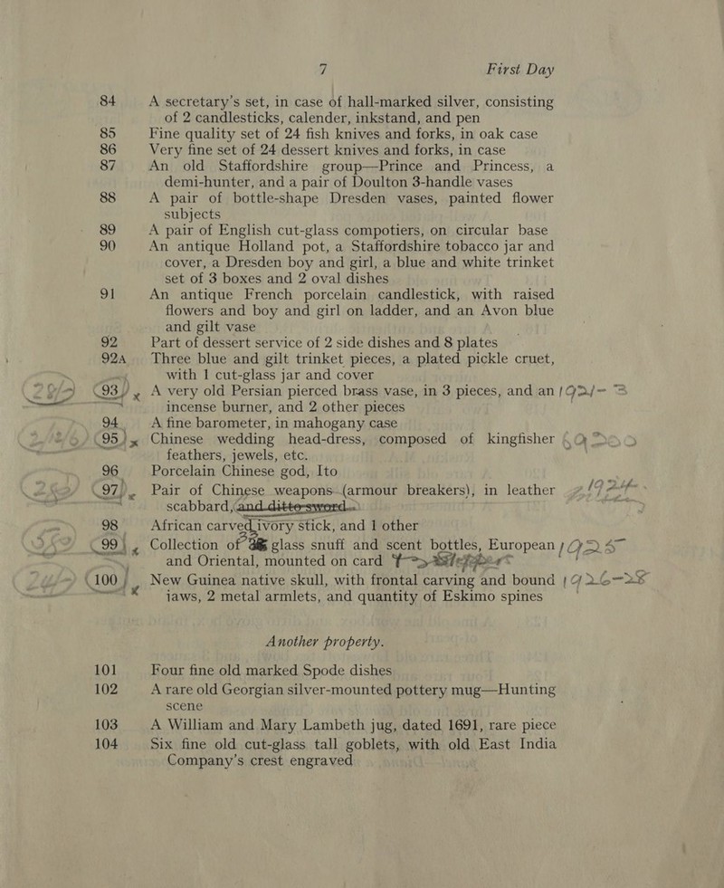 84 A secretary's set, in case of hall-marked silver, consisting of 2 candlesticks, calender, inkstand, and pen 85 Fine quality set of 24 fish knives and forks, in oak case 86 Very fine set of 24 dessert knives and forks, in case 87 An old Staffordshire group—Prince and Princess, a demi-hunter, and a pair of Doulton 3-handle vases 88 A pair of bottle-shape Dresden vases, painted flower subjects 89 A pair of English cut-glass compotiers, on circular base 90 An antique Holland pot, a Staffordshire tobacco jar and cover, a Dresden boy and girl, a blue and white trinket set of 3 boxes and 2 oval dishes | An antique French porcelain candlestick, with raised flowers and boy and girl on ladder, and an Avon blue and gilt vase 92 Part of dessert service of 2 side dishes and 8 plates 924 Three blue and gilt trinket pieces, a plated pickle cruet, &lt;f with 1 cut-glass jar and cover \93,/, A very old Persian pierced brass vase, in 3 pieces, and an | pod wigte incense burner, and 2 other pieces 94. A fine barometer, in mahogany case (95 » Chinese wedding head-dress, composed of kingfisher \ ” ny feathers, jewels, etc. q 96 Porcelain Chinese god, Ito 97, Pair of Chinese weapons-(armour breakers), in leather (9 att :  scabbard,. estar 98 African carved. ivory stick, and 1 other oe « Collection of glass snuff and scent jens European [Vm ar, . and Oriental, mounted on card ¥-*&gt;-%i Letzte rE le \100 iP New Guinea native skull, with frontal carving and bound {9726728 jaws, 2 metal armlets, and quantity of Eskimo spines Another property. 101 Four fine old marked Spode dishes 102 A rare old Georgian silver-mounted pottery mug—Hunting scene 103 A William and Mary Lambeth jug, dated 1691, rare piece 104 Six fine old cut-glass tall goblets, with old East India Company’s crest engraved