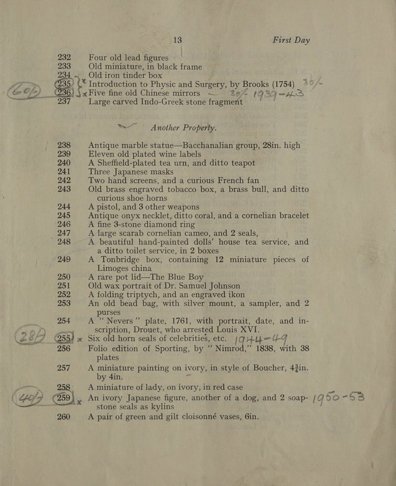 232 233 234 oa 13 First Day Four old lead figures Old miniature, in black frame Old iron tinder box Large carved Indo-Greek stone fragment = Another Property. Antique marble statue—Bacchanalian group, 28in. high Eleven old plated wine labels A Sheffield-plated tea urn, and ditto teapot Three Japanese masks Two hand screens, and a curious French fan Old brass engraved tobacco box, a brass bull, and ditto curious shoe horns A pistol, and 3 other weapons Antique onyx necklet, ditto coral, and a cornelian bracelet A fine 3-stone diamond ring A large scarab cornelian cameo, and 2 seals, A beautiful hand-painted dolls’ house tea service, and a ditto toilet service, in 2 boxes A Tonbridge box, containing 12 miniature pieces of Limoges china A rare pot lid—The Blue Boy Old wax portrait of Dr. Samuel Johnson A folding triptych, and an engraved ikon An old bead bag, with silver mount, a sampler, and 2 purses A “Nevers”’ plate, 1761, with portrait, date, and in- _ scription, Drouet, who arrested Louis XVI. Six old horn seals of celebrities, etc. |U-eLE= UG Folio edition of Sporting, by “‘ Nimrod,” 1838, with 38 plates A miniature painting on ivory, in style of Boucher, 4#in. by 4in. An ivory Japanese figure, another of a dog, and 2 soap- 1G stone seals as kylins A pair of green and gilt cloisonné vases, 6in.