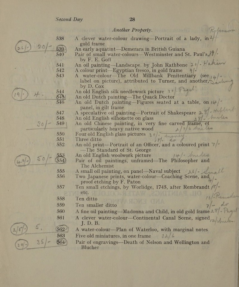 ” wecra” Another Property. edt rmeeh A clever water-colour drawing—Portrait of a lady, in 2} gold frame An early aquatint—Demerara in British Guiana Pair of small water-colours— Westminster and St. Paul’s,/? by F. E. Goff x; 5. A colour print—Egyptian fresco, in goldframe 4/- A water-colour—The Old Millbank Penitentiary (see , ,,/ - label on picture), attributed to Turner, and poke S a 4 by D. Cox LG An old English silk needlework picture %°/* “ A : An old Dutch painting—The Quack Doctor An old Dutch painting—Figures seated at a table, on pe / panel, in gilt frame 4 A speculative oil painting—Portrait of Shakespeare 2. °  An old English silhouette on glass 49ers An old Chinese painting, in very fine carved frame, of ne particularly heavy native wood afrfe- Four.old English glass pictures (a@/- a. aaa a, Three ditto bP]. he An old print—Portrait of an Officer: and a coloured print ¥/* —The Standard of St. George | An old English woolwork picture J dpe f° Pair of oil paintings, unframed—-The PiilosuBher ‘aud The Alchemist A small oil painting, on panel—Naval subject pé/« any LL Two Japanese prints, water-colour—Coaching Sterle, - proof etching by F. Paton Ten small etchings, by Worlidge, 1745, after Rembrandt I 5 pte. : Ten ditto A i, nat momomers Ten smaller ditto a Rand A fine oil painting—-Madonna and Child, in old gold frame +. Ff - fr. ay A clever water-colour—Continental Canal Scene, signed. / ; JD B: Bet i ure | A water-colour—Plan of Waterloo, wi marginal notes Five old miniatures, in one frame ga/e Pair of engravings—Death of Nelson and Wellington and Blucher 