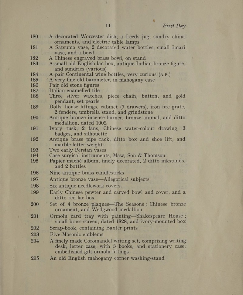 180 181 182 183 184 185 186 187 188 189 190 191 192 193 194 195 196 7 198 199 200 201 202 203 204 205 11 First Day A decorated Worcester dish, a Leeds jug, sundry china ornaments, and electric table lamps A Satsuma vase, 2 decorated water bottles, small Imari vase, and a bowl A Chinese engraved brass bowl, on stand A small old English lac box, antique Indian bronze figure, and sundries (various) A pair Continental wine bottles, very curious (A.F.) A very fine old barometer, in mahogany case Pair old stone figures Italian enamelled tile Three silver watches, piece chain, button, and gold pendant, set pearls Dolls’ house fittings, cabinet (7 drawers), iron fire grate, 2 fenders, umbrella stand, and grindstone Antique bronze incense-burner, bronze animal, and ditto medallion, dated 1002 Ivory tusk, 2 fans, Chinese water-colour drawing, 3 badges, and silhouette Antique brass pipe rack, ditto box and shoe lift, and marble letter-weight Two early Persian vases Case surgical instruments, Maw, Son &amp; Thomson Papier maché album, finely decorated, 2 ditto inkstands, and 2 bottles Nine antique brass candlesticks Antique bronze vase—Allegorical subjects Six antique needlework covers Early Chinese pewter and carved bowl and cover, and a ditto red lac box Set of 4 bronze plaques—The Seasons ; Chinese bronze ornament, and Wedgwood medallion Ormolu card tray with painting—Shakespeare House ; small brass screen, dated 1828, and ivory-mounted box Scrap-book, containing Baxter prints Five Masonic emblems A finely made Coromandel writing set, comprising writing desk, letter case, with 3 books, and stationery case, embellished gilt ormolu fittings An old English mahogany corner washing-stand