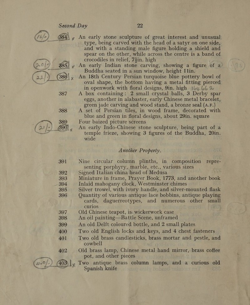 4) (/6/- me) y An early stone sculpture of great interest and unusual ree type, being carved with the head of a satyr on one side, and with a standing male figure holding a shield and spear on the other, while across the centre is a band of ' Rye . crocodiles in relief, 73in. high p= 0 [ 4} 85) » An early Indian ‘stone carving, meng a eet of a) seat in openwork with floral designs, 9in. high |by 46 % 387 A box containing: 2 small crystal balls, 3 Derby spar eggs, another in alabaster, early Chinese metal bracelet, green jade carving and wood stand, a bronze seal (A.F.) 388 A set of Persian tiles, in wood frame, decorated with blue and green in floral designs, about 29in. square . ar. 389 Four baized picture screens (: ve) s C0 , An early Indo-Chinese stone sculpture, being part of a Se ey temple frieze, showing 3 figures of the Buddha, 20in. wide Another Property. 391 Nine circular column plinths, in composition repre- senting porphyry, marble, etc., various sizes 392 Signed Italian china head of Medusa 393 Miniature in frame, Prayer Book, 1773, and another book 394 Inlaid mahogany clock, Westminster chimes 395 Silver trowel, with ivory handle, and silver-mounted flask 396 Quantity of various antique lace bobbins, antique playing cards, daguerreotypes, and numerous other small curios 397 Old Chinese teapot, in wickerwork case 398 An oil painting—Battle Scene, unframed 399 Anold Delft coloured bottle, and 2 small plates 400 Two old English locks and keys, and 4 chest fasteners 401 Two old brass candlesticks, brass mortar and pestle, and cowbell 402 Old brass lamp, Chinese metal hand mirror, brass coffee pot, and other pieces (a-2f. ) Le Two antique brass column lamps, and a curious old Spanish knife