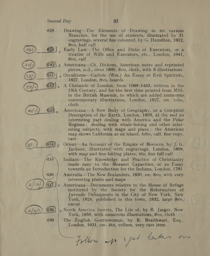 628 Drawing—-The Elements of Drawing in its various Branches, for the use of students, illustrated by 51. engravings, several fine coloured, by G. Hamilton, 1812, = Svo, half calf 629 | , Early Law—The Office and Dutie of Executors, or a treatise of Wills and Executors, etc., London, 1641, 8vo, calf Geof) 630) x Americana—Ch. Dickens, American notes and reprinted % pieces, n.d., civca 1860, 8vo, cloth, with 8 illustrations (2 5-/2) 63D | » Occultisme—Carlisle (Wm.) An Essay of Evil Spiritists, Se 1827, London, 8vo, boards (-2y/.) 632) » A Chronicle of London, from 1089-1483, written in the ee mi 15th Century, and for the first time printed from MSS. in the British Museum, to which are added numerous contemporary illustrations, London, 1827, sm. folio, ' cloth ( ./-/. 633, Americana—A New Body of Geography, or a Compleat Care ‘ Description of the Earth, London, 1695, at the end an interesting part dealing with America and the Polar Regions ; dealing with whale-fishing and other inter- esting subjects, with maps and plans; the American map shows California as an island, folio, calf, fine copy, rare (29 ) 639) y Orient—An Account of the Empire of Morocco, by J. G. — Jackson, illustrated with engravings, London, 1809, pr with map and fine folding plates, 4to, fine full calf (635 Indians—The Knowledge and Practice of Christianity / made easy to the Meanest Capacities, or an Essay . towards an Introduction for the Indians, London, 1791 636 // Australia—The New Zealanders, 1830, sm. 8vo, with very - dat interesting plates and maps ap Em, ) 63) « Americana—Documents relative to the House of Refuge + aes | instituted by the Society for the Reformation of Juvenile Delinquents in the City of New York, New York, 1824, published in this town, 1832, large 8vo, = uncut (./ a/e) 638 | be North America Insects, The Life of, by B. Jaeger, New oa York, 1859, with numerous illustrations, 8vo, cloth 639 The English Gentlewoman, by R. Braithwait, Esq., London, 1631, sm. 4to, vellum, very rare item 