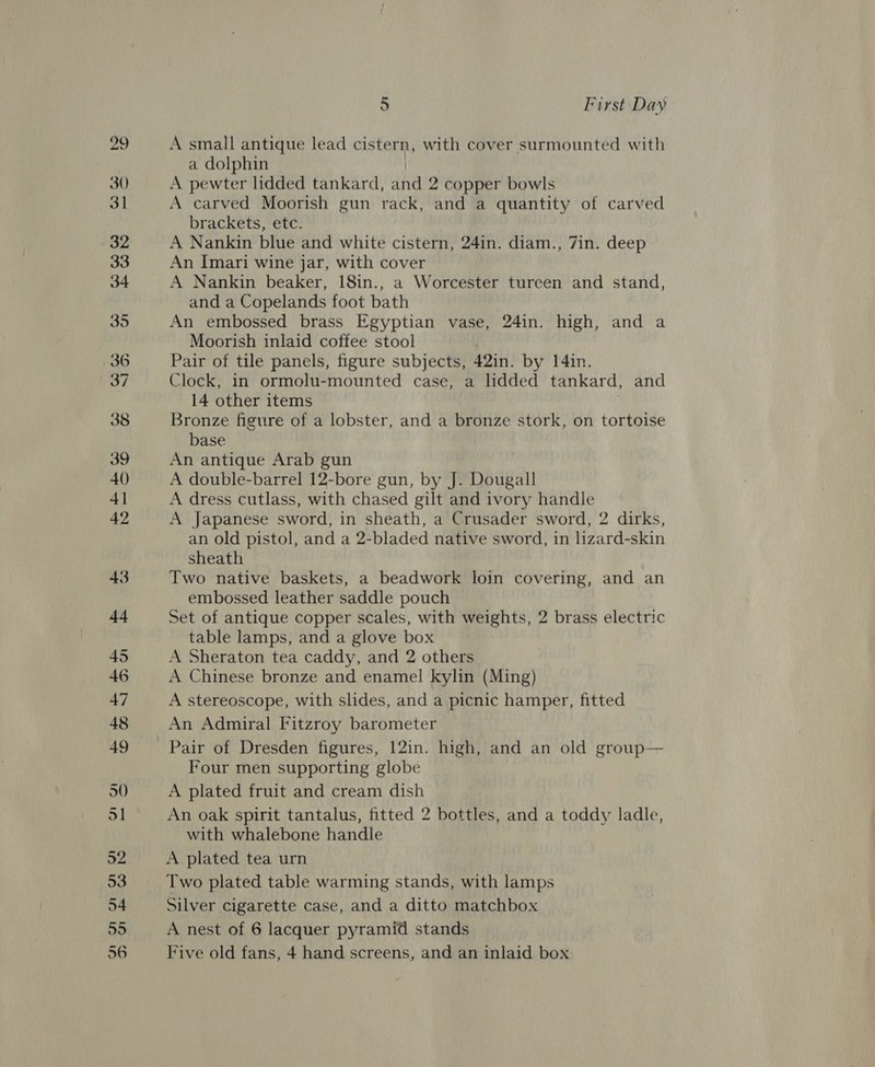 29 30 35 37 38 43 5 First Day A small antique lead cistern, with cover surmounted with a dolphin A pewter lidded tankard, dhe 2 copper bowls A carved Moorish gun rack, and a quantity of carved brackets, etc. A Nankin blue and white cistern, 24in. diam., 7in. deep An Imari wine jar, with cover A Nankin beaker, 18in., a Worcester tureen and stand, and a Copelands foot bath ; An embossed brass Egyptian vase, 24in. high, and a Moorish inlaid coffee stool Pair of tile panels, figure subjects, 42in. by 14in. Clock, in ormolu-mounted case, a lidded tankard, and 14 other items Bronze figure of a lobster, and a bronze stork, on tortoise base An antique Arab gun A double-barrel 12-bore gun, by J. Dougall A dress cutlass, with chased gilt and ivory handle A Japanese sword, in sheath, a Crusader sword, 2 dirks, an old pistol, and a 2-bladed native sword, in lizard-skin sheath Two native baskets, a beadwork loin covering, and an embossed leather saddle pouch Set of antique copper scales, with weights, 2 brass electric table lamps, and a glove box A Sheraton tea caddy, and 2 others A Chinese bronze and enamel kylin (Ming) A stereoscope, with slides, and a picnic hamper, fitted An Admiral Fitzroy barometer Pair of Dresden figures, 12in. high, and an old group— Four men supporting globe A plated fruit and cream dish An oak spirit tantalus, fitted 2 bottles, and a toddy ladle, with whalebone handle A plated tea urn Two plated table warming stands, with lamps Silver cigarette case, and a ditto matchbox A nest of 6 lacquer pyramid stands Five old fans, 4 hand screens, and an inlaid box