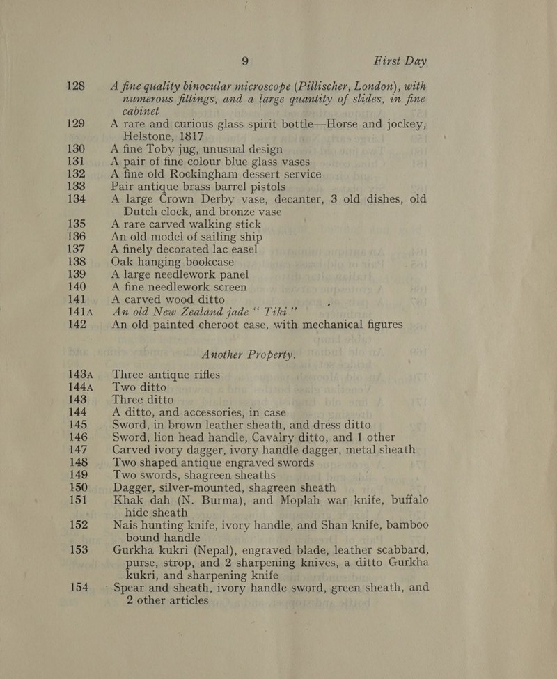 128 129 130 131 132 133 134 135 136 137 138 139 140 141 1414 142 1434 1444 143 144 145 146 147 148 149 150 151 152 153 154 9 First Day A fine quality binocular microscope (Pillischer, London), with numerous fittings, and a large quantity of slides, in fine cabinet A rare and curious glass spirit bottle—Horse i jockey, Helstone, 1817 A fine Toby jug, unusual design A pair of fine colour blue glass vases A fine old Rockingham dessert service Pair antique brass barrel pistols A large Crown Derby vase, decanter, 3 old dishes, old Dutch clock, and bronze vase A rare carved walking stick An old model of sailing ship A finely decorated lac easel Oak hanging bookcase A large needlework panel A fine needlework screen A carved wood ditto An old New Zealand jade “‘ T1k1.”’ An old painted cheroot case, with mechanical figures Another Property. Three antique rifles Two ditto Three ditto A ditto, and accessories, in case Sword, in brown leather sheath, and dress ditto Sword, lion head handle, Cavairy ditto, and 1 other Carved ivory dagger, ivory handle dagger, metal sheath Two shaped antique engraved swords Two swords, shagreen sheaths Dagger, silver-mounted, shagreen sheath Khak dah (N. Burma), and Moplah war knife, buffalo hide sheath Nais hunting knife, ivory handle, and Shan knife, bamboo bound handle Gurkha kukri (Nepal), engraved blade, leather scabbard, purse, strop, and 2 sharpening knives, a ditto Gurkha kukri, and sharpening knife 2 other articles .