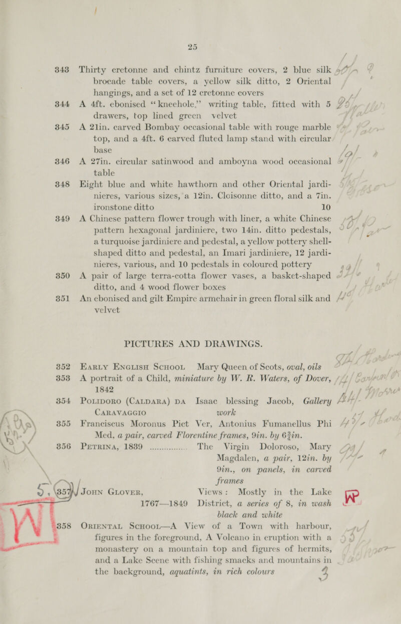 25 brocade table covers, a yellow silk ditto, 2 Oriental hangings, and a set of 12 cretonne covers 344 &lt;A 4ft. ebonised ‘‘ kneehole,”’ writing table, fitted with 5 drawers, top lined green velvet top, and a 4ft. 6 carved fluted lamp stand with circular base 346 &lt;A 27in. circular satinwood and amboyna wood occasional table 348 Eight blue and white hawthorn and other Oriental jardi- nieres, various sizes,'a 12in. Cloisonne ditto, and a 7in. ironstone ditto 10 349 A Chinese pattern flower trough with liner, a white Chinese pattern hexagonal jardiniere, two 14in. ditto pedestals, a turquoise jardiniere and pedestal, a yellow pottery shell- shaped ditto and pedestal, an Imari jardiniere, 12 jardi- nieres, various, and 10 pedestals in coloured pottery ditto, and 4 wood flower boxes velvet PICTURES AND DRAWINGS. 352 Earty Encuish Scuoot Mary Queen of Scots, oval, oils 1842 354 Poxrporo (CaLtpARA) DA Isaac blessing Jacob, Gallery , CARAVAGGIO work f\ D @\ 355 Franciscus Moronus Pict Ver, Antonius Fumanellus Phi A P Med, a pair, carved Florentine frames, 9in. by 63in. UX 856 PrTrina, 1889 ................ The Virgin Doloroso, Mary Magdalen, a pair, 12in. by 9in., on panels, in carved ‘ frames 35 ‘the GLOVER, Views: Mostly in the Lake 9 1767—1849 District, a series of 8, in wash AF black and white ‘ 858 ORIENTAL Scuooor—A View of a Town with harbour, : = 5 figures in the foreground, A Voleano in eruption with a — monastery on a mountain top and figures of hermits, and a Lake Scene with fishing smacks and mountains in the background, aquatints, in rich colours . 