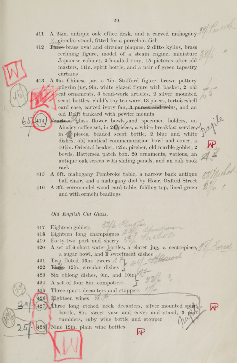 ~~ 411 A 24in. antique oak office desk, and a carved mahogany ~~~ 4. circular stand, fitted for a porcelain dish 412 ‘bree brass oval and circular plaques, 2 ditto kylins, brass reclining figure, model of a steam engine, miniature | Japanese cabinet, 2-handled tray, 15 pictures after old | . masters, Llin. spirit bottle, and a pair of green tapestry W } curtains a ; 413 A 6in. Chinese jar, a 7in. Stafford figure, brown pottery * pilgrim jug, 9in. white glazed figure with basket, 2 old ».# cat ornaments, 3 bead-work articles, 2 silver mounted ., « “scent bottles, child’s toy tea ware, 13 pieces, tortoiseshell © eard case, carved ivory fan,.3-purseseand=@ems, and an vil Delft tankard with pewter mounts : : lass flower bowls,and specimen holders, an | Ainsye y coffee set, in 2Opice ces, a white breakfast orion | pieces, beaded scent bottle, 2 blue and white dishes, old nautical commemoration bowl and cover, a he 104in. Oriental beaker, 12in. pitcher, old marble goblet,2 = J bowls, Battersea patch box, 20 ornaments, various, an A &amp; antique oak screen with sliding panels, and an oak book rack rs 415 A 3ft. mahogany Pembroke table, a narrow back antique 47 // hall chair, and a mahogany dial by Hoar, Oxford Street ~ , 416 &lt;A 8ft. coromandel wood card table, folding top, lined green and with ormolu beadings       Old English Cut Glass. Aah fh 2 / 417 Eighteen goblets VE WY!” Gh .wttre 418 Eighteen long champagnes 419 Forty-two port and sherry 420 &lt;A set of 6 short water bottles, a claret Jug, a si aa salu, a sugar bowl, and } sweetmeat a ce 421 Two fluted 15in. ewers 4 7 yh] ST lie 422 Bases 12in. circular dishes } 423 Six oblong dishes, 9in. and 10in ge ‘on 424 A set of four 8in. compotiers an oe f &lt; 4 ee Three quart decanters and stoppers “ =      ighteen wines pi pes hree long etched neck decanters, silver mounted Bi ye fp bottle, 8in. sweet vase and cover and stand, 3 | tumblers, ruby wine bottle and stopper WN Nine 12in. plain wine bottles Ww 