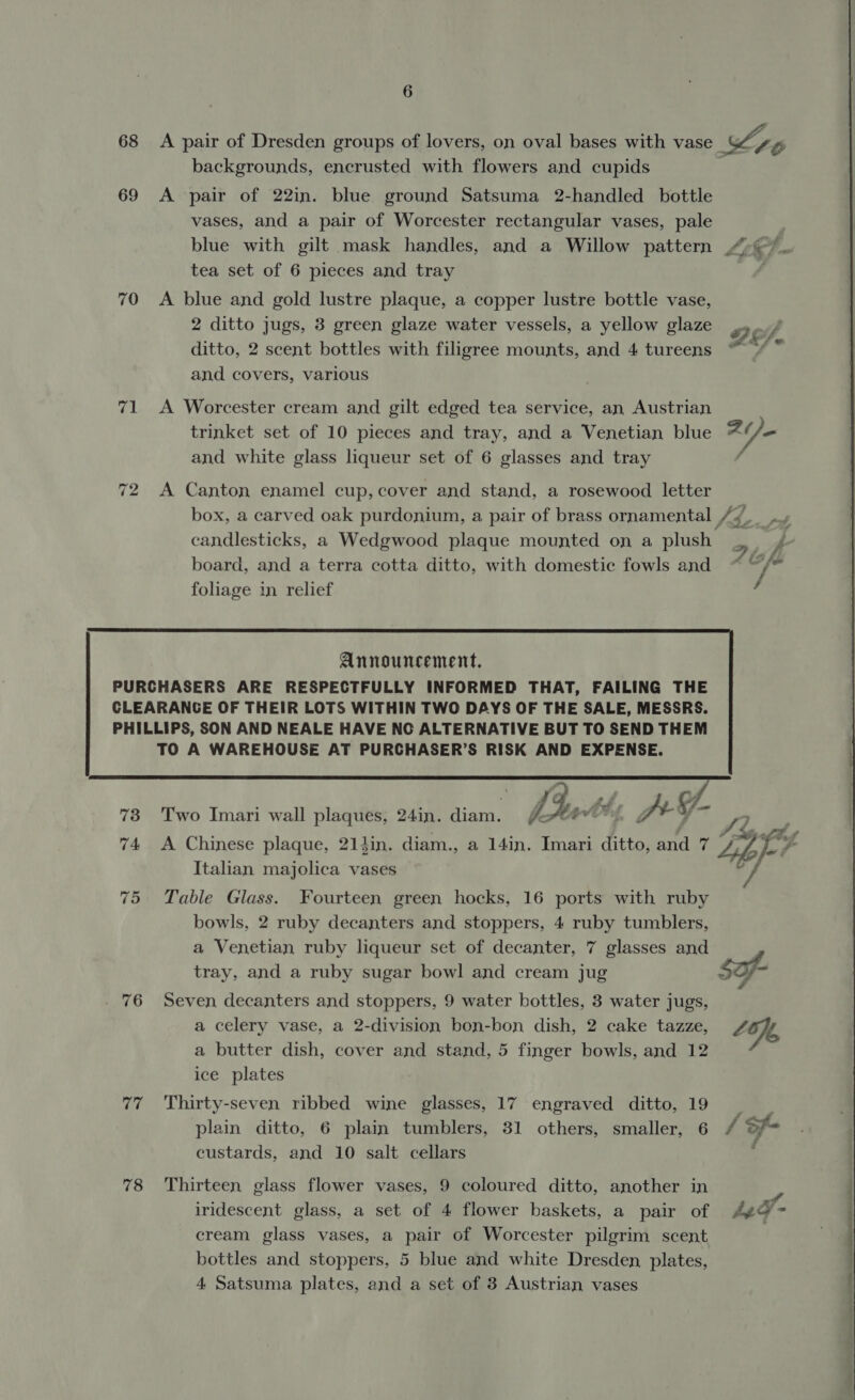 6 68 <A pair of Dresden groups of lovers, on oval bases with vase Lrg backgrounds, encrusted with flowers and cupids 69 A pair of 22in. blue ground Satsuma 2-handled bottle vases, and a pair of Worcester rectangular vases, pale | blue with gilt mask handles, and a Willow pattern “77. tea set of 6 pieces and tray 70 <A blue and gold lustre plaque, a copper lustre bottle vase, 2 ditto jugs, 3 green glaze water vessels, a yellow glaze ditto, 2 scent bottles with filigree mounts, and 4 tureens and covers, various 71 A Worcester cream and gilt edged tea service, an Austrian trinket set of 10 pieces and tray, and a Venetian blue Rife and white glass liqueur set of 6 glasses and tray 72 A Canton enamel cup, cover and stand, a rosewood letter box, a carved oak purdonium, a pair of brass ornamental /4) fof, candlesticks, a Wedgwood plaque mounted on a plush 4 board, and a terra cotta ditto, with domestic fowls and “~ “/* foliage in relief “  PURCHASERS ARE RESPECTFULLY INFORMED THAT, FAILING THE CLEARANGE OF THEIR LOTS WITHIN TWO DAYS OF THE SALE, MESSRS. PHILLIPS, SON AND NEALE HAVE NC ALTERNATIVE BUT TO SEND THEM TO A WAREHOUSE AT PURCHASER’S RISK AND EXPENSE.  73 Two Imari wall plaques, 24in. diam. (/o4@#» Vas G 4) 74 A Chinese plaque, 214in. diam., a 14in. Imari ditto, and 7 Italian majolica vases  75 Table Glass. Fourteen green hocks, 16 ports with ruby bowls, 2 ruby decanters and stoppers, 4 ruby tumblers, a Venetian ruby liqueur set of decanter, 7 glasses and tray, and a ruby sugar bowl and cream jug $a 76 Seven decanters and stoppers, 9 water bottles, 3 water jugs, a butter dish, cover and stand, 5 finger bowls, and 12 ; ice plates 77 ‘Thirty-seven ribbed wine glasses, 17 engraved ditto, 19 ~~ plain ditto, 6 plain tumblers, 31 others, smaller, 6 / of- custards, and 10 salt cellars 78 Thirteen glass flower vases, 9 coloured ditto, another in iridescent glass, a set of 4 flower baskets, a pair of A¢@ cream glass vases, a pair of Worcester pilgrim scent bottles and stoppers, 5 blue and white Dresden plates, 4 Satsuma plates, and a set of 3 Austrian vases 