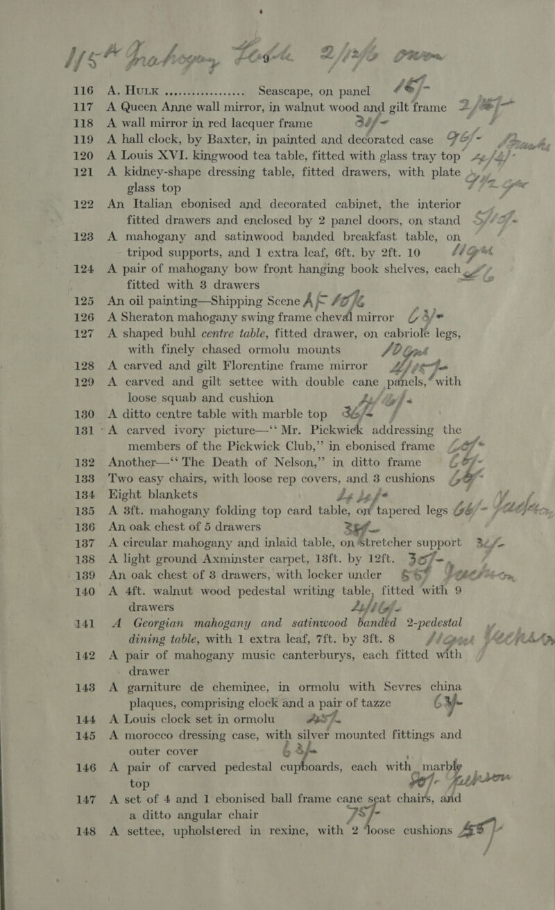 AL SEAGER. 54.0 G5 O8ehs,- 90d Seascape, on panel é '€7- ~ gk A wall mirror in red lacquer frame =} fe age A hall clock, by Baxter, in painted and Beeratea case GY&amp;s- A kidney-shape dressing table, fitted drawers, with plate Py yf An Italian ebonised and decorated cabinet, the interior ; fitted drawers and enclosed by 2 panel doors, on stand Sy. A mahogany and satinwood banded breakfast table, on tripod supports, and 1 extra leaf, 6ft. by 2ft. 10 fj re ee A pair of mahogany bow front hanging book shelves, each we fitted with 3 drawers An oil painting—Shipping Scene A| i 40 N A Sheraton mahogany swing frame chewed mirror Ca Aje A shaped buhl centre table, fitted drawer, on cabriole legs, with finely chased ormolu mounts A carved and gilt Florentine frame mirror Gf # A carved and gilt settee with double cane panels, loose squab and cushion Ay | lyf A ditto centre table with marble top 34/=  ahs members of the Pickwick Club,” in ebonised frame. tf Another—‘‘ The Death of Nelson,’’ in ditto frame Lof- Two easy chairs, with loose rep covers, and 3 cushions hy Kight blankets £4 bef An oak chest of 5 drawers Li 7 a A circular mahogany and inlaid table, on Stretcher support 36,f- A light ground Axminster carpet, 13ft. by 12ft. 3of i A 4ft. walnut wood pedestal writing table, fitted with 9 drawers Aifi bff. A Georgian mahogany and satinwood banded 2-pedestal A pair of mahogany music canterburys, each fitted with _ drawer A garniture de cheminee, in ormolu with Sevres china plaques, comprising clock and a es of tazze CY A Louis clock set in ormolu Ast. A morocco dressing case, we silver mounted fittings and outer cover é af. A pair of carved pedestal cupboards, each with, pm pees top A set of 4 and 1 ebonised ball frame cane seat chairs, and a ditto angular chair 75 A settee, upholstered in rexine, with 2 ‘loose cushions AST