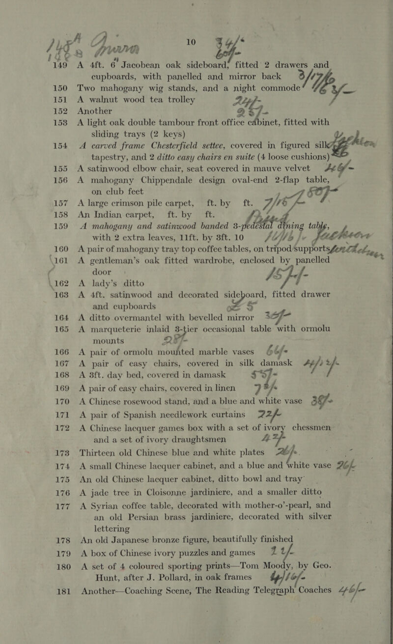 VP 1d 160 162 163 164 165 166 167 168 169 170 171 L172 173 174 175 176 LT7. 178 179 181 4 Spee i eee + A 4ft. 6 Jacobean oak sideboart fitted 2 drawers and cupboards, with panelled and mirror back 3 Y Two mahogany wig stands, and a night commode A walnut wood tea trolley Af 6 Another if - A light oak double tambour front office cabinet, fitted with sliding trays (2 keys) V,. } A carved frame Chesterfield settee, covered in figured silk lex, tapestry, and 2 ditto easy chairs en suite (4 loose cushions) A satinwood elbow chair, seat covered in mauve velvet A¢&amp;= A mahogany Chippendale design oval-end 2-flap table, * on club feet : a é A large crimson pile carpet, ft. by ft. yf An Indian carpet, ft. by ft. f. A mahogany and satinwood banded 3- ple dé al | th pang ta with 2 extra leaves, 11ft. by 3ft. 10 FEU b |} lathietve A pair of mahogany tray top coffee tables, on tripod: huphortsfonthlel A gentleman’s oak fitted wardrobe, enclosed by panelled door 1Shrf-   A lady’s ditto A 4ft. satinwood and decorated sideboard, fitted drawer and cupboards oe > A ditto overmantel with delicd’ mirror > A marqueterie inlaid sper occasional table with ormolu mounts x J [= 7 A pair of ormolu moufted marble vases &amp;6/ f- A pair of easy chairs, covered in silk damask 44/) &amp; A 3ft. day bed, covered in damask 45] A pair of easy chairs, covered in linen 7 js A Chinese rosewood stand, and a blue and white vase ay A pair of Spanish needlework curtains 22 << A Chinese lacquer games box with a set of ivory chessmen and a set of ivory draughtsmen 4 Thirteen old Chinese blue and white plates of e, + yee A small Chinese lacquer cabinet, and a blue and White vase 26f. An old Chinese lacquer cabinet, ditto bowl and tray’ A jade tree in Cloisonne jardiniere, and a smaller ditto A Syrian coffee table, decorated with mother-o’-pearl, and an old Persian brass jardiniere, decorated with silver lettering An old Japanese bronze figure, beautifully finished * A box of Chinese ivory puzzles and games 1 t/. Hunt, after J. Pollard, in oak frames ty)/ bf Another—Coaching Scene, The Reading Telegraph Coaches “46/- 