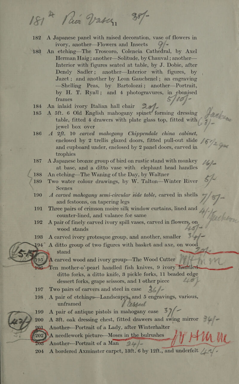 182 183 184 185 186 191 192 94.”      204 A Japanese panel with raised decoration, vase of flowers in ivory, another—F lowers and Insects Gj An etching—The Troscoro, Colencia Cathedral, by Axel H Interior with figures seated at table, by J. Dobie, after Dendy Sadler; another—Interior with figures, by Jazet ; and another by Leon Gauchenel; an engraving  —Shelling Peas, by Bartolozzi; another—Portrait, by H. T. Ryall; and 4 photogravures, in ebonised frames S60 | rs ? An inlaid ivory Italian hall chair 3 of. A 5ft. 6 Old English mahogany spinet” forming dressing jewel box over 2ft. 10 carved mahogany Chippendale china cabinet, enclosed by 2 trellis glazed doors, fitted pull-out slide and cupboard under, enclosed by 2 panel doors, carved in. trophies A Japanese bronze group of bird on rustic stand with monkey at base, and a ditto vase with elephant head handles An etching—The Waning of the Day, by Waltner Two water colour drawings, by y- Talton—Winter River Scenes A carved mahogany semi-circular side table, carved in shells and festoons, on tapering legs counter-lined, and valance for same A pair of finely carved 1 Oey spill vases, carved in flowers, on. wood stands “J nh G | A carved ivory grotesque group, and another, smaller stand Lf haw ditto forks, a ditto knife, 3 pickle forks, 11 beaded edge dessert forks, grape scissors, and 1 other piece £ ee ad Two pairs of carvers and steel in case ag yo , A pair of etchings—Landscapes, and 5 engravings, various, unframed fi phbesk A pair of antique pistols in mahogany case _s ae Another—Portrait of a Lady, after Winterhalter Another—Portrait of a Man Dé je A bordered Axminster carpet, 13ft. 6 by 12ft., and nme