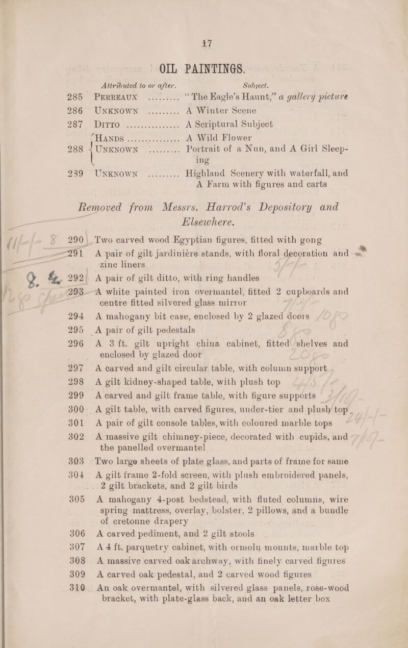 47 OIL PAINTINGS. Attributed to or after. Subject. 260) PHRREAUS O65 eS, “The Kagle’s Haunt,” a gallery picture BOO AONKNOWN: eyes. ues A Winter Scene Ah AUT LO MN ste, a sis oe A Scriptural Subject. THANDS oo ccreyeesess A Wald Flower 288 Was oy ... Portrait of a Nun, and A Girl Sleep- ing Dao UNKNOWN ..2...... Highland Scenery with waterfall, and A Farm with figures and carts Liemoved from Messrs. Harrod’s Depository and Elsewhere. 290 Two carved wood Egyptian figures, fitted with gong zine liners centre fitted silvered glass mirror 294 A mahogany bit case, enclosed by 2 oe doors 295 A pair of gilt pedestals 296 A 3ft. gilt upright china cabinet, fitted shelves and enclosed by glazed door 297 A carved and gilt circular table, with column support 298 A gilt kidney-shaped table, with plush top 299 Acarved and gilt frame table, with figure supports 300. A gilt table, with carved figures, under-tier and plusly top 301 A pair of gilt console tables, with coloured marble tops 302 A massive gilt chimney-piece, decorated eau cupids, and the panelled overmantel 303. -Two large sheets of plate glass, and parts of frame for same 304 A gilt frame 2-fold screen, with plush embroidered panels, _.2 gilt brackets, and 2 gilt birds 305 A mahogany 4-post bedstead, with fluted columns, wire spring mattress, overlay, bolster, 2 pillows, and a bundle of cretonne drapery 306 A carved pediment, and 2 gilt stools 307 A4 ft. parquetry cabinet, with ormolu mounts, marble top 308 A massive carved oak archway, with finely carved figures 309 A carved oak pedestal, and 2 carved wood figures 310. An oak overmantel, with silvered glass panels, rose-wood bracket, with plate-glass back, and an oak letter box