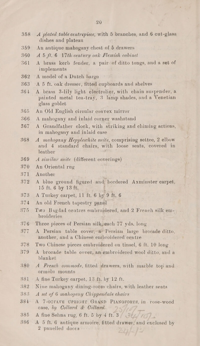 A plated table centrepiece, with 5 branches, and 6 cut-glass dishes and plateau An antique mahogany chest of 5 drawers A 5 ft. 6 17th century oak Flemish cabinet A brass kerb fender, a pair of ditto tongs, and a set of implements A mnodel of a Dutch barge A 5 ft. oak dresser, fitted cupboards and shelves A brass 3-lily light electrolier, with chain suspender, a painted metal tea-tray, 3 lamp shades, and a Venetian glass goblet An Old English circular convex mirror A mahogany and inlaid corner washstand A Grandfather clock, with striking and chiming actions, in mahogany and inlaid case A mahogany Hepplewhite suite, comprising settee, 2 elbow and 4 standard chairs, with loose seats, covered in leather A similar suite (different coverings) An Oriental rug } Another A blue ground figured and: bordered Axminster carpet, 1S ft..6 by 13 ft. : A Turkey carpet, 11 ft. 6 by 9 ft, 6 An old French tapestry panel Two Bigdad centres embroidered, and 2 French silk em- broideries Three pieces of Persian silkeach 77 yds. long A Persian table cover;a- Persian large brocade ditto, another, and a Chinese enrbroidered centre Two Chinese pieces embroidered on tinsel, 6 ft. 10 long A brocade table cover, an embroidered wool ditto, and a blanket A French commode, titted drawers, with marble top and ormolu mounts A fine Turkey carpet, 13 fb, by 12 ft. Nine mahogany dining-room chairs, with leather seats A set of 6 mahogany Chippendale chairs A 7-OCTAVE UPRIGHT GRAND PIANOFORTS, in. rose-wood case, by Oollard &amp; Collard A fine Sehna rug, 6 ft. 5 by 4 ft. 3 A 5 ft. 6 antique armoire, fitted drawer, and enclosed by 2 panelled doors :