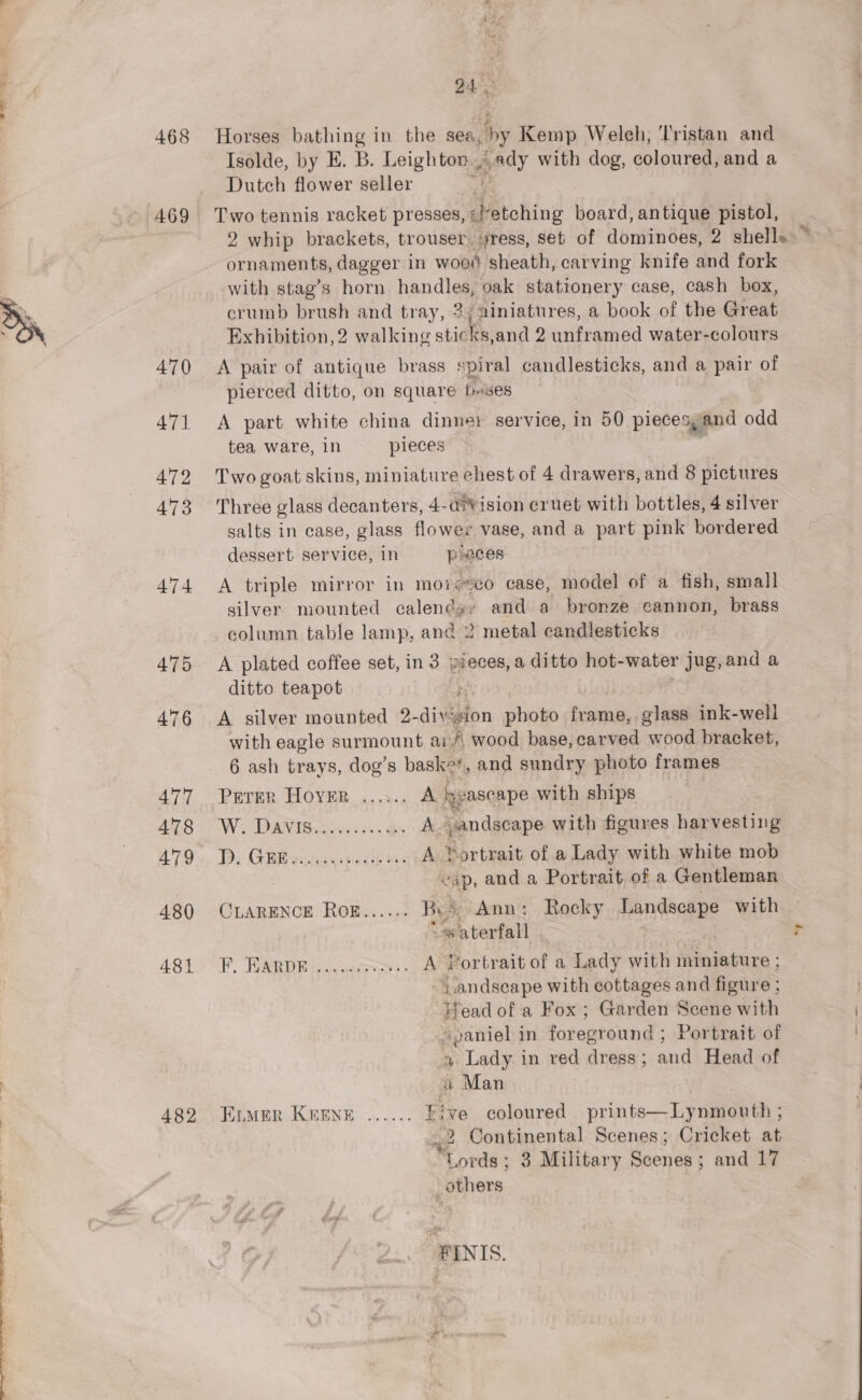 ra 468 469 470 471 472 473 474 475 476 477 478 479 480 481 482 24. Horses bathing in the sen, hy Kemp Welch, Tristan and Isolde, by E. B. Leighton: wady with dog, coloured, and a Dutch flower seller Two tennis racket presses, s}etching Uiod antique pistol, ornaments, dagger in woot sheath, carving knife and fork with stag’s horn Ran Chee oak stationery case, cash box, crumb brush and tray, 3y ainiatures, a book of the Great Exhibition,2 walking sticks,and 2 unframed water-colours A pair of antique brass spiral candlesticks, and a pair of pierced ditto, on square feses A part white china dinner service, in 50 piecesyand odd tea ware, in pieces | Two goat skins, miniature ehest of 4 drawers, and 8 pictures Three glass decanters, 4-di¥vision eruet with bottles, 4 silver salts in case, glass flower vase, and a part pink bordered dessert Kaila in places A triple mirror in morevco case, model of a fish, small silver. mounted calends and a bronze cannon, brass column table lamp, and 2 metal candlesticks A plated coffee set, in 3 pieces, a ditto hot-water jug,and a ditto teapot iY A silver mounted 2-div‘sion photo frame, glass ink-well with eagle surmount ai, * wood base, carved wood bracket, 6 ash trays, dog’s baske’, and sundry photo frames PETER HOYER ...+.. A. he sascape with ships W.. DAVis.s visa. ds A vandscape with figures harvesting TD, GER vinnavise diy 3 A Portrait of a Lady with white mob | vap, and a Portrait, of a Gentleman CLARENCE ROB...... B.S Ann: Rocky Landscape with “waterfall ; PF, ARDE (<5 nats A Fortrait of a Lady with miniature ; -andseape with cottages and figure ; Head of a Fox ; Garden Scene with spaniel in foreground ; Portrait of a Lady in red dress; and Head of a Man ELMER KEENE ...... Five coloured prints—Lynmouth ; -2 Continental Scenes; Cricket at 42 SF, _others FINIS. es