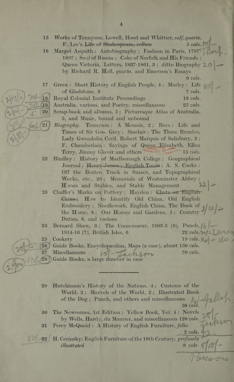 15 Works of Tennyson, Lowell, Hood and Whittier, calf, quarto, F. Lee’s Life-of Shakespeare,vellum 5 vols. | 4 16 Margot Asquith: Autobiography ; Fashion in Paris, 17977) ) hol. : 1897 ; Soulof Russia; Coke of Norfolk and His Friends : Queen Victoria, Letters, 1887-1861, 3; ditto Biography 2.0 |- by Richard R. Holl, guarto, and Emerson’s Essays  9 vols. 17 Green: Short History of English People, 4; Morley: Life 1] &gt; of Gladstone, 3 7 vols. ~13, Royal Colonial Institute Proceedings 18 vols. t ahi Australia, various, and Poetry, miscellaneous 25 vols. 3 5, and Music, bound and unbound , (2) Biography. Tennyson: A Memoir, 2; Rees: Life and Times of Sir Geo. Grey; Sinclair: The Three Brontes, Lady Gwendolin Cecil, Robert Marquis of Salisbury, 2 ; F. Chamberlain: Sayings of Queen. Eee’ Ellen Terry, Jimmy Glover and others “*= &lt;&lt; 15 vols. 22 Bindley: History of Marlborough College ; Geographical Journal ; Henry-James...English Tours; A. S. Cooke: Off the Beaten Track in Sussex, and Topographical Works, etc., 20; Memorials of Westminster Abbey ; Horses and Stables, and Stable Management 22) = 23 Chaffer’s Marks on Pottery; Hayden: Chats..on-English~ Chines How to Identify Old China, Old English Embroidery ; Needlework, English China, The Book of 3 } 12 IE the Home, 8; Our Homes and Gardens, 5; Country Duties, 8, and various 24 Bernard Shaw, 3: The Connoisseur, 1903-5 (6), Punch, / Mi 1914-16 (7), British Isles, 6 22 vols. WALLA 25 , Cookery 19 vols. Gy Le ; 27 Miscellaneous oil ——%, PF An. $5 70 vols. 2 28) ») ) Guide Books, a large umber in case 29. Hutchinson’s History of the Nations, 4; Customs of the World, 2; Marvels of the World, 2; Illustrated Book / fi fp of the Dog; Punch, and others and miscellaneous ly} AY ble. 50 volts / 30 The Newcomes, Ist Edition; Yellow Book, Vol. 4; Novels &gt;. by Wells, Hardy, du Maurier, and miscellaneous 120 vols. © ~ \y. 31 Ute 4 McQuoid: A History of English Furniture, folio Jets we ; 2 vols. 32. H.Cecinsky: English Furniture of the 18th Century, profusely | illustrated — 3 vols | (07 ad 