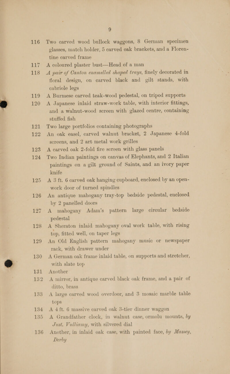 116 Two carved wood bullock waggons, 8 German specimen glasses, match holder, 5 carved oak brackets, and a Floren- tine carved frame | A coloured plaster bust—Head of a man A pair of Canton enamelled shaped trays, finely decorated in floral design, on carved black and gilt stands, with cabriole legs A Burmese carved teak-wood pedestal, on tripod supports A Japanese inlaid straw-work table, with interior fittings, and a walnut-wood screen with glazed centre, containing stuffed fish Two large portfolios containing photographs An oak easel, carved walnut bracket, 2 Japanese 4-fold screens, and 2 art metal work grilles A carved oak 2-fold fire screen with glass panels Two Indian paintings on canvas of Elephants, and 2 Italian paintings on a gilt ground of Saints, and an ivory paper knife A 3 ft. 6 carved oak hanging cupboard, enclosed by an open- work door of turned spindles An antique mahogany tray-top bedside pedestal, enclosed by 2 panelled doors A mahogany Adam’s pattern large circular bedside pedestal A Sheraton inlaid mahogany oval work table, with rising top, fitted well, on taper legs An Old English pattern mahogany music or newspaper rack, with drawer under A German oak frame inlaid table, on supports and stretcher, with slate top Another A mirror, in antique carved black oak frame, and a pair of ditto, brass A large carved wood overdoor, and 3 mosaic marble table tops A 4ft. 6 massive carved oak 3-tier dinner waggon A Grandfather clock, in walnut case, ormolu mounts, by Just. Vulliamy, with silvered dial Another, in inlaid oak case, with painted face, by Massey, Derby