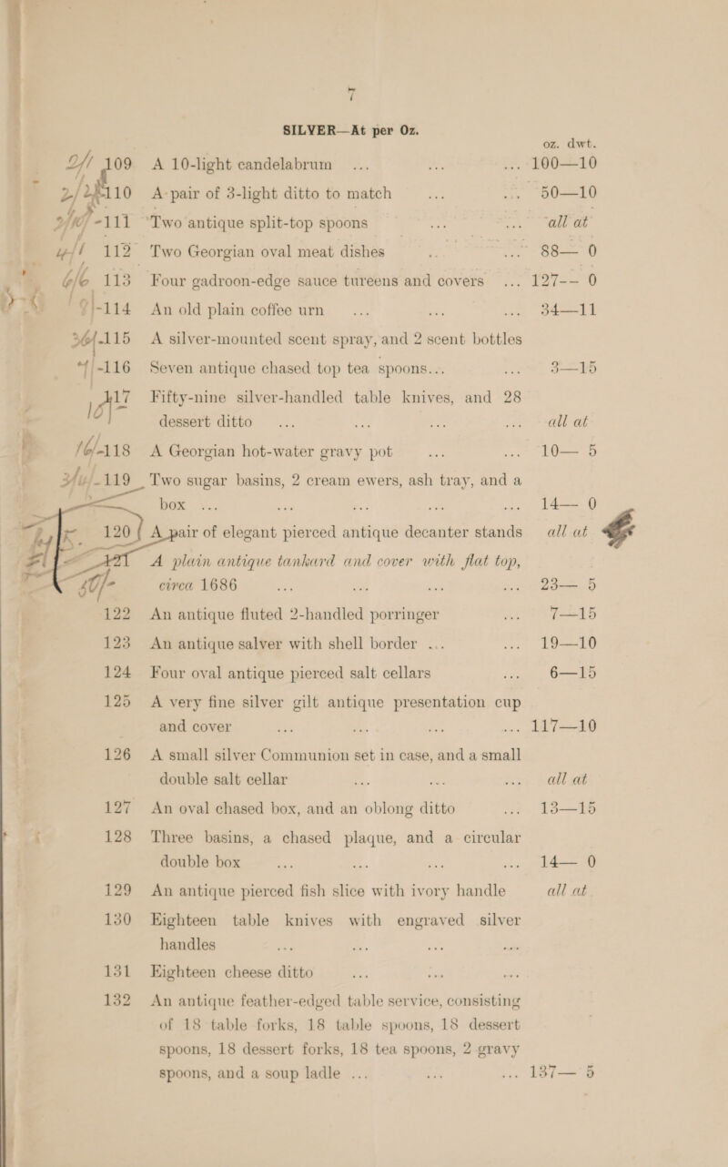 p/2M110 oft -111 Bll 115 m G6 113 ME! o)-114 36-115 -116 I= , /6/-118 Yu,   K. aed ae SILYER—At per Oz. A 10-light candelabrum A-pair of 3-light ditto to match Two Georgian oval meat dishes An old plain coffee urn A silver-mounted scent spray, and 2 scent bottles Seven antique chased top tea spoons... Fifty-nine silver-handled table knives, and 28 dessert ditto A Georgian hot-water gravy pot Two sugar basins, 2 cream ewers, ash tray, and a box A_pair of elegant pierced antique decanter stands A plain antique tankard and cover with flat top, circa 1686 An antique fluted 2-handled porringer An antique salver with shell border ... Four oval antique pierced salt cellars A very fine silver gilt antique presentation cup and cover A small silver Communion set in case, and a small double salt cellar An oval chased box, and an oblong ditto Three basins, a chased plaque, and a circular double box An antique pierced fish slice with ivory handle Eighteen table knives with engraved silver handles Eighteen cheese ditto An antique feather-edged table service, consisting of 18 table forks, 18 table spoons, 18 dessert spoons, 18 dessert forks, 18 tea spoons, 2 gravy spoons, and a soup ladle ..  oz. dwt. . 100—10 22th all at + Rp “Pe G Sat 3—15 all at rO-—5 14—— Q all at fs en 7—+15 19—10 6—15 . 147-19 all at 135-—-15 14— 0 all at 187—'d $