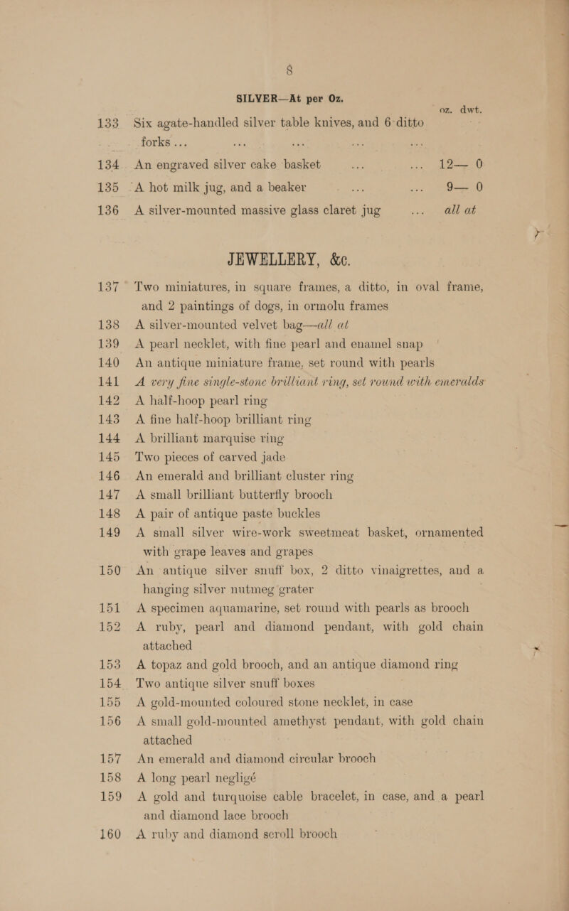 SILVYER—At per Oz. oz. dwt. Six agate-handled silver table knives, and 6-ditto 3 fOrKS ... | An engraved silver cake basket Ra | ... 12— 0 ‘A hot milk jug, and a beaker a .. 9— 0 A silver-mounted massive glass claret jug waa UE eB JEWELLERY, &amp;e. Two miniatures, in square frames, a ditto, in oval frame, and 2 paintings of dogs, in ormolu frames A silver-mounted velvet bag—dall ai A pearl necklet, with fine pearl and enamel snap An antique miniature frame, set round with pearls A fine half-hoop brilliant ring A brilliant marquise ring Two pieces of carved jade An emerald and brilliant cluster ring A small brilhant butterfly brooch A pair of antique paste buckles A small silver wire-work sweetmeat basket, ornamented with grape leaves and grapes | An antique silver snuff box, 2 ditto vinaigrettes, and a hanging silver nutmeg grater A specimen aquamarine, set round with pearls as brooch A ruby, pearl and diamond pendant, with gold chain attached A topaz and gold brooch, and an antique diamond ring Two antique silver snuff boxes A gold-mounted coloured stone necklet, in case A small gold-mounted amethyst pendant, with gold chain attached An emerald and diamond circular brooch A long pearl negligé A gold and turquoise cable bracelet, in case, and a pearl and diamond lace brooch A ruby and diamond scroll brooch at