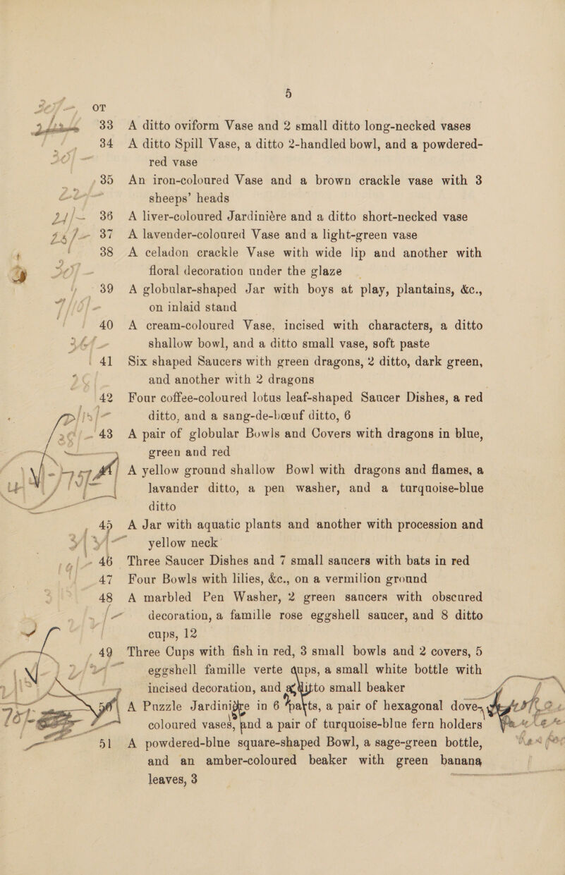 Litem 33 A ditto oviform Vase and 2 small ditto long-necked vases 84 A ditto Spill Vase, a ditto 2-handled bowl, and a powdered- 20} red vase 35 An iron-coloured Vase and a brown crackle vase with 3 sheeps’ heads 2//~ 36 A liver-coloured Jardiniére and a ditto short-necked vase 74 /-- 37 A lavender-coloured Vase and a light-green vase 38 A celadon crackle Vase with wide lip and another with  t : 3 iI] — floral decoration under the glaze _ 39 A globular-shaped Jar with boys at play, plantains, &amp;c., | on inlaid stand _ 40 A cream-coloured Vase, incised with characters, a ditto ve shallow bowl, and a ditto small vase, soft paste . 41 Six shaped Saucers with green dragons, 2 ditto, dark green, | and another with 2 dragons 7 Four coffee-coloured lotus leaf-shaped Saucer Dishes, a red ditto, and a sang-de-beeuf ditto, 6 A pair of globular Bowls and Covers with dragons in blue, green and red ; / A yellow ground shallow Bowl with dragons and flames, a lavander ditto, a pen washer, and a_ turquoise-blue ditto A Jar with aquatic plants and another with procession and  yellow neck’ : 46 Three Saucer Dishes and 7 small sancers with bats in red 47 Four Bowls with lilies, &amp;c., on a vermilion ground 48 A marbled Pen Washer, 2 green saucers with obscured 8 fo decoration, a famille rose eggshell saucer, and 8 ditto Y a SR cups, 12 > a _49 Three Cups with fish in red, 3 small bowls and 2 covers, 5 3 XI ) AA eggshell famille verte BPs, a small white bottle with Si / _ incised decoration, and a@Wifto small beaker ! | A Puzzle Jardinigre in 6 ‘pakts, a pair of hexagonal dove, Weg’ f+ eoloured te a pair of turquoise-blue fern holders \e+e-4- 51 A powdered-blne square-shaped Bowl, a sage-green bottle, ‘Hand (Ry and an amber-coloured beaker with green banana leaves, 3 in i      