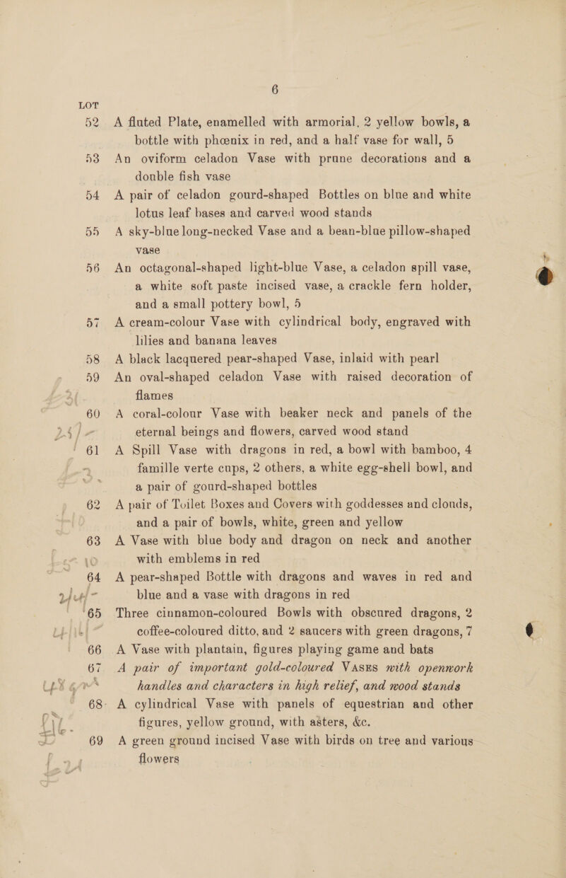 A fluted Plate, enamelled with armorial, 2 yellow bowls, a bottle with phoenix in red, and a half vase for wall, 5 An oviform celadon Vase with prune decorations and a double fish vase A pair of celadon gourd-shaped Bottles on blue and white lotus leaf bases and carved wood stands A sky-blue long-necked Vase and a bean-bluae pillow-shaped vase An octagonal-shaped light-blue Vase, a celadon spill vase, a white soft paste incised vase, a crackle fern holder, and a small pottery bowl, 5 A cream-colour Vase with cylindrical body, engraved with lilies and banana leaves A black lacquered pear-shaped Vase, inlaid with pearl An oval-shaped celadon Vase with raised decoration of flames A coral-colour Vase with beaker neck and panels of the eternal beings and flowers, carved wood stand A Spill Vase with dragons in red, a bowl with bamboo, 4 famille verte cups, 2 others, a white egg-shell bowl, and a pair of gourd-shaped bottles A pair of Tvilet Boxes and Covers with goddesses and clonds, and a pair of bowls, white, green and yellow A Vase with blue body and dragon on neck and another with emblems in red A pear-shaped Bottle with dragons and waves in red and blue and a vase with dragons in red Three cinnamon-coloured Bowls with obscured dragons, 2 coffee-coloured ditto, and 2 saucers with green dragons, 7 A Vase with plantain, figures playing game and bats A pair of important gold-coloured Vases mith opennork handles and characters in high relief, and wood stands figures, yellow ground, with asters, dc. flowers