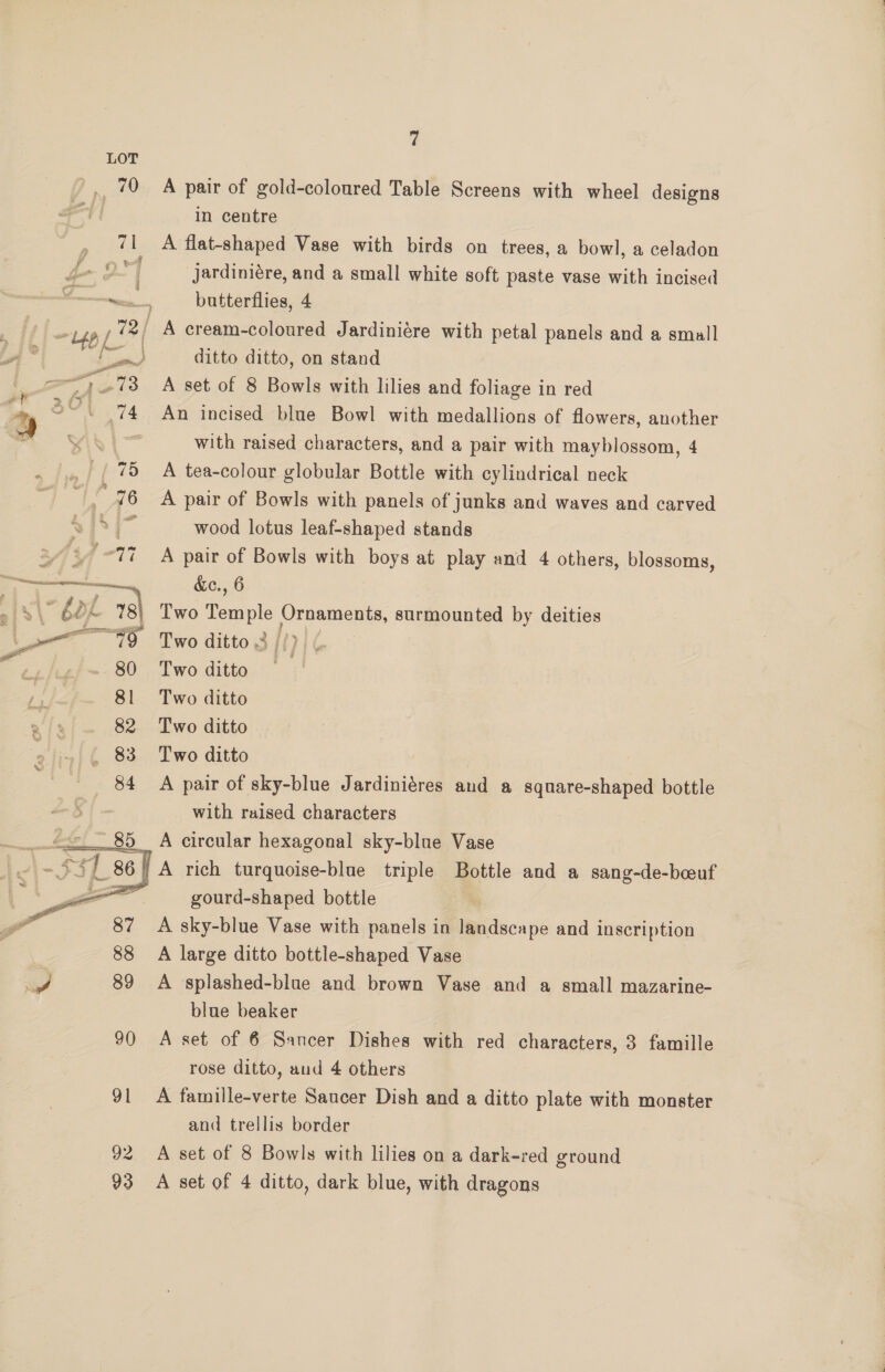 '. 70 A pair of gold-coloured Table Screens with wheel designs in centre 71 A flat-shaped Vase with birds on trees, a bowl, a celadon Vs jardiniére, and a small white soft paste vase with incised Cw. butterflies, 4 4p | 72/ A cream-coloured Jardiniére with petal panels and a small ain ditto ditto, on stand —) .73 <A set of 8 Bowls with lilies and foliage in red 5° 74 An incised blue Bowl with medallions of flowers, another oe with raised characters, and a pair with mayblossom, 4 _/ 75 A tea-colour globular Bottle with cylindrical neck lee pair of Bowls with panels of junks and waves and carved i wood lotus leaf-shaped stands “17 A pair of Bowls with boys at play and 4 others, blossoms, &amp;c., 6 \ bag . 18 Two Temple nasil surmounted by deities  80 Two ditto 81 Two ditto 82. Two ditto . 83 Two ditto 84 A pair of sky-blue Jardiniéres and a square-shaped bottle with raised characters A circular hexagonal sky-blue Vase | A rich turquoise-blue triple Bottle and a sang-de-bceuf gourd-shaped bottle A sky-blue Vase with panels in landscape and inscription A large ditto bottle-shaped Vase A splashed-blue and brown Vase and a small mazarine- blue beaker 90 A set of 6 Sancer Dishes with red characters, 3 famille rose ditto, and 4 others 91 A famille-verte Saucer Dish and a ditto plate with monster and trellis border 92 A set of 8 Bowls with lilies on a dark-red ground 93 A set of 4 ditto, dark blue, with dragons 