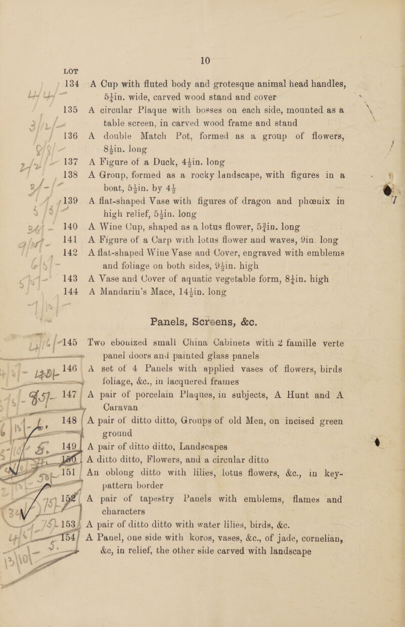 LOT ' 134 A Cup with fluted body and grotesque animal head handles, bbe} feel Odin. wide, carved wood stand and cover 135 A circular Plaque with bosses on each side, mounted as a . - table screen, in carved wood frame and stand / 186 A double Match Pot, formed as a group of flowers, 0/0/ Shin. long > /»,/- 1387 A Figure of a Duck, 44in. long a. , , 188 A Group, formed as a rocky landscape, with figures in a — Bf]. boat, 54in. by 44 ig. 4139 A flat-shaped Vase with figures of dragon and phoenix in [aj high relief, 54in. long of, — 140 A Wine Cup, shaped as a lotus flower, 53in. long » 141 A Figure of a Carp with lotus flower and waves, Yin. long _ 142 A flat-shaped Wine Vase and Cover, engraved with emblems and foliage on both sides, 94in. high 143 A Vase and Cover of aquatic vegetable form, 84in. high 144 A Mandarin’s Mace, 144in. long Panels, Screens, &amp;c. ral} {- 145 Two ebouized small China Cabinets with 2 famille verte da is ERASE panei doors and painted glass panels x 140 146 A set of 4 Panels with applied vases of flowers, birds | Ie | em foliage, &amp;c., in lacquered frames OE 147] A pair of nsAate Plaques, in ajaet A Hunt and A rd, Caravan ie 48 a eee of ditto ditto, Groups of old Men, on incised green      a ay J 6 A ditto ditto, Blois, and a circular ditto ely An oblong ditto with lilies, lotus flowers, &amp;c., in key- = pattern border ra9 a A pair of tapestry Panels with emblems, flames and LE characters y a ; pag ira] A Panel, one side with koros, vases, &amp;., of jade, cornelian, wt 3 | &amp;c, in relief, the other side carved with landscape 