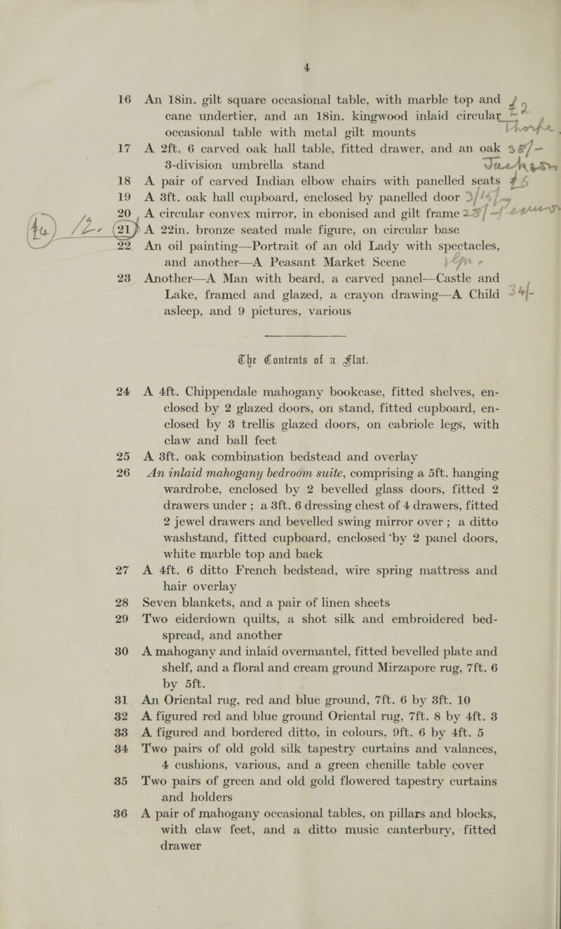 17 18 19 20 22 23 24 25 26 27 28 29 30 31 32 33 34 35 36 4 cane undertier, and an 18in. kingwood inlaid circular_= , occasional table with metal gilt mounts harp e§ A 2ft. 6 carved oak hall table, fitted drawer, and an oak 3 5/-— 3-division umbrella stand Due A §Se A pair of carved Indian elbow chairs with panelled — t A 3ft. oak hall cupboard, enclosed by panelled door 3//4/. A circular convex mirror, in ebonised and gilt frame 2 5] fe a) ) A. 22in. bronze seated male figure, on circular base An oil painting—Portrait of an old Lady with gi ies and another—A Peasant Market Scene Another—A. Man with beard, a carved eee ae se ” Lake, framed and glazed, a crayon drawing—A Child ~ asleep, and 9 pictures, various The Contents of a Flat. A 4ft. Chippendale mahogany bookcase, fitted shelves, en- closed by 2 glazed doors, on stand, fitted cupboard, en- closed by 3 trellis glazed doors, on cabriole legs, with claw and ball feet A. 3ft. oak combination bedstead and overlay An inlaid mahogany bedroom suite, comprising a 5ft. hanging wardrobe, enclosed by 2 bevelled glass doors, fitted 2 drawers under ; a 3ft. 6 dressing chest of 4 drawers, fitted 2 jewel drawers and bevelled swing mirror over ; a ditto washstand, fitted cupboard, enclosed *by 2 panel doors, white marble top and back A 4ft. 6 ditto French bedstead, wire spring mattress and hair overlay Seven blankets, and a pair of linen sheets Two eiderdown quilts, a shot silk and embroidered bed- spread, and another A mahogany and inlaid overmantel, fitted bevelled plate and shelf, and a floral and cream ground Mirzapore rug, 7ft. 6 by 5ft. An Oriental rug, red and blue ground, 7ft. 6 by 3ft. 10 A. figured red and blue ground Oriental rug, 7ft. 8 by 4ft. 3 A. figured and bordered ditto, in colours, 9ft. 6 by 4ft. 5 Two pairs of old gold silk tapestry curtains and valances, 4 cushions, various, and a green chenille table cover Two pairs of green and old gold flowered tapestry curtains and holders A pair of mahogany occasional tables, on pillars and blocks, with claw feet, and a ditto music canterbury, - fitted drawer