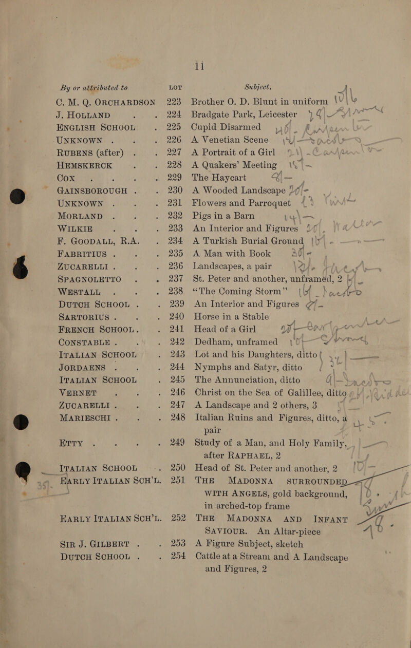 $ * By or attributed to LOT J. HOLLAND ENGLISH SCHOOL RUBENS (after) HEMSKERCK COxT 7G; : ; GAINSBOROUGH . UNKNOWN MORLAND WILKIE FABRITIUS . ZUCARELLI . SPAGNOLETTO WESTALL SARTORIUS . CONSTABLE . ITALIAN SCHOOL JORDAENS . ITALIAN SCHOOL VERNET ZUCARELLI . MARIESCHI . ETTY _ ITALIAN SCHOOL Sir J. GILBERT DUTCH SCHOOL 224 220 226 227 228 229 230 231 232 233 234 239 236 237 238 203 204 1i Subject, J, Brother O. D. Blunt in uniform \Y\¥ Bradgate Park, Leicester 4 4|— Sa Cupid Disarmed 46 |  Att A Venetian Scene hy » A Portrait of a Girl A Quakers’ Meeting Pd BS The Haycart Km A Wooded Landscape  y ie Flowers and Parroquet “. ‘ wi Pigs in a Barn 1 a —~ An Interior and Figures ? A Turkish Burial Ground ly . a “a % A Man with Book : i o Landscapes, a pair } \ 2) a tr St. Peter and another, unframMd, 2 i° 8 “The Coming Storm” lf _haest-o An Interior and Figures ¢7/— Horse in a Stable ) of Head of a Girl 14 7 COE Ne Dedham, unframed 17 re Sf YOKE, Lot and his Daughters, ditto a Meee Nymphs and Satyr, ditto u | The Annunciation, ditto Gis AV Christ on the Sea of Galillee, ditto A Landscape and 2 others, 3 Be Italian Ruins and Figures, ditto, a Soy pair Study of a Man, and Holy Family, after RAPHAEL, 2 Head of St. Peter and another, 2 THE MADONNA SURROUNDED — WITH ANGELS, gold background, | 0 » in arched-top frame : THE MADONNA AND INFANT SAVIOUR. An Altar-piece A Figure Subject, sketch Cattle ata Stream and A Landscape and Figures, 2   