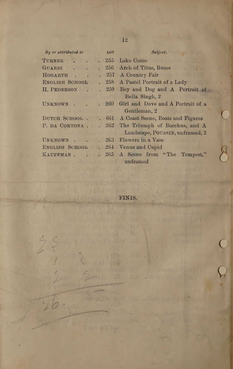 TURNER $ ; GUARDI HOGARTH ENGLISH SCHOOL H. PEDERSON UNKNOWN DUTCH SCHOOL P. DA CORTONA . UNKNOWN ENGLISH SCHOOL KAUFFMAN . ety FS ania ree, Pot rare ie he ae py 1 elapse Lake Como fe Arch of Titus, Rome +. A Country. Fair A Pastel Portrait of a Lady Boy and Dog and A Portrait.of... Bella Singh, 2 | Girl and Dove and A Portrait of a Gentleman, 2 ty | A Coast Scene, Boats and Figures The Triumph of Bacchus, and A Landscape, POUSSIN, unframed, 2 Flowers in a Vase Venus and Cupid A: Seene from “The Tempest,” unframed .  