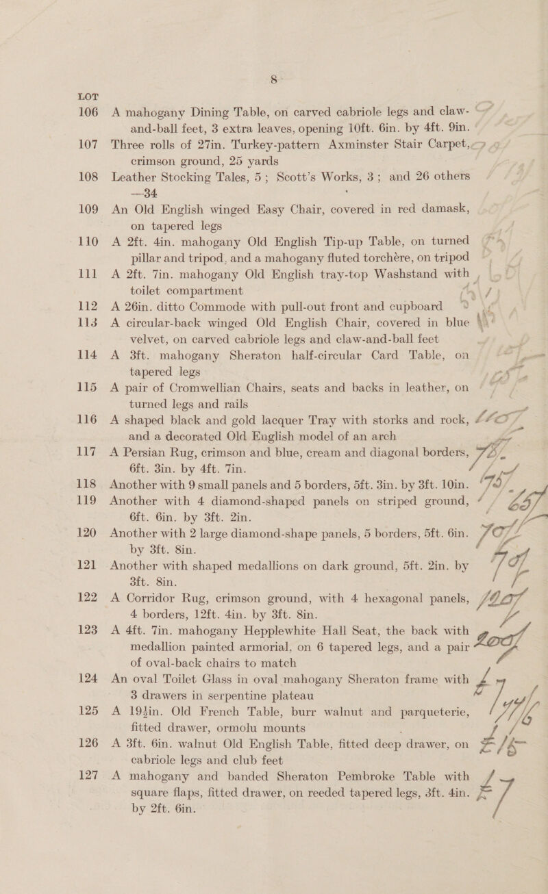 LOT : 106 A mahogany Dining Table, on carved cabriole legs and claw- ° and-ball feet, 3 extra leaves, opening 10ft. 6in. by 4ft. 9in. 107 Three rolls of 27in. Turkey-pattern Axminster Stair Carpet, &gt; crimson ground, 25 yards 108 Leather Stocking Tales, 5; Scott’s Works, 3; and 26 others —34. 109 An Old English winged Easy Chair, covered in red damask, : on tapered legs 110 A 2ft. 4in. mahogany Old English Tip-up Table, on turned pillar and tripod, and a mahogany fluted torchére, on tripod 111 A 2ft. Tin. mahogany Old English tray-top Washstand — ak toilet compartment i a J 3 112 A 26in. ditto Commode with pull-out front and ne D a 113° A circular-back winged Old English Chair, covered in blue Ay velvet, on carved cabriole legs and claw-and-ball feet 114 A 3ft. mahogany Sheraton half-circular Card Table, on tapered legs 115 A pair of Cromwellian Chairs, seats and backs in leather, on turned legs and rails 116 A shaped black and gold lacquer Tray with storks and rock, # (L, &amp; and a decorated Old English model of an arch Z 117 A Persian Rug, crimson and blue, cream and diagonal borders, 72, 6ft. 3in. by 4ft. Tin. Fie 118 Another with 9 small panels and 5 borders, 5ft. 3in. by 3ft. 10in. ‘729 /_ 119 Another with 4 diamond-shaped panels on striped ground, f vA 6ft. Gin. by 3ft. 2in. Se 120 Another with 2 large diamond-shape panels, 5 borders, 5ft. 6in. F072 by 3ft. 8in. : SF 121 Another with shaped medallions on dark ground, 5ft. 2in. by [4 / 3ft. 8in. 122 A Corridor Rug, crimson ground, with 4 hexagonal panels, Vi 107 4 borders, 12ft. 4in. by 3ft. 8in. VA 123 A 4ft. Tin. mahogany Hepplewhite Hall Seat, the back with fod! medallion painted armorial, on 6 tapered legs, and a pair ie of oval-back chairs to match 124 An oval Toilet Glass in oval mahogany Sheraton frame with Zé 3 drawers in serpentine plateau / off 125 A 193in. Old French Table, burr walnut and parqueterie, Pe 4d Ma fitted drawer, ormolu mounts 126 A 3ft. 6in. walnut Old English Table, fitted die drawer, on Ze cabriole legs and club feet 127. A mahogany and banded Sheraton Pembroke Table with ZL square flaps, fitted drawer, on reeded tapered legs, 3ft. 4in. 4 by 2ft. 6in. ©