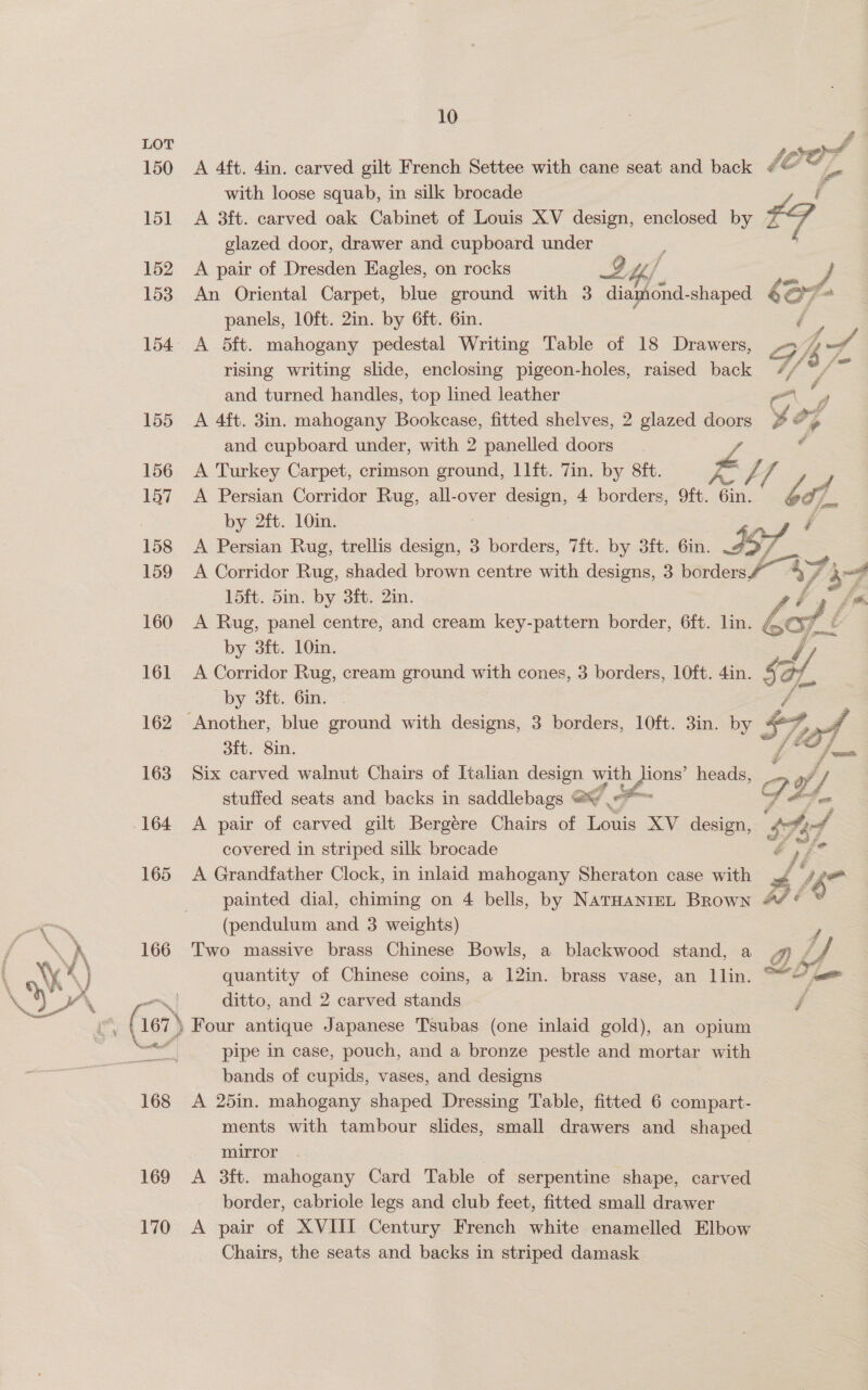 150 151 152 153 155 168 169 170 10  A 4ft. 4in. carved gilt French Settee with cane seat and back with loose squab, in silk brocade f A 3ft. carved oak Cabinet of Louis XV design, enclosed by LF glazed door, drawer and cupboard under A pair of Dresden Eagles, on rocks Ix wh 4 An Oriental Carpet, blue ground with 3 cis! ao shaped é Oy panels, 10ft. 2in. by 6ft. 6in. / A 5ft. mahogany pedestal Writing Table of 18 Drawers, Fas : / rising writing slide, enclosing pigeon-holes, raised back // “, and turned handles, top lined leather Ay A 4ft. 3in. mahogany Bookcase, fitted shelves, 2 glazed doors vey oy and cupboard under, with 2 panelled doors A Turkey Carpet, crimson ground, 1lft. 7in. by 8ft. * ZU e A Persian Corridor Rug, all-over design, 4 borders, 9ft. 6in. bap. Ss by 2ft. 10in. A Persian Rug, trellis inn 3 borders, 7ft. by 3ft. 6in. 2 - } A Corridor Rug, shaded brown centre with designs, 3 porders> 477 a7 15ft. 5in. by 3ft. 2in. figs S , A Rug, panel centre, and cream key-pattern border, 6ft. lin. cof. é by 3ft. 10in. A Corridor Rug, cream ground with cones, 3 borders, 10ft. 4in. SH. Uf, by 3ft. 6in. ott, Sin. Six carved walnut Chairs of Italian design with P wigs heads, stuffed seats and backs in saddlebags ad i A pair of carved gilt Bergere Chairs of roe XV design, covered in striped silk brocade A Grandfather Clock, in inlaid mahogany Sheraton case with 4 — painted dial, chiming on 4 bells, by Narwanre, Brown 44 ¢ (pendulum and 3 weights) . Two massive brass Chinese Bowls, a blackwood stand, a / quantity of Chinese coins, a 12in. brass vase, an llin. oe De ditto, and 2 carved stands /  pipe in case, pouch, and a bronze pestle and mortar with bands of cupids, vases, and designs A 25in. mahogany shaped Dressing Table, fitted 6 compart- ments with tambour slides, small drawers and shaped mirror A 3ft. mahogany Card Table of serpentine shape, carved border, cabriole legs and club feet, fitted small drawer A pair of XVIII Century French white enamelled Elbow Chairs, the seats and backs in striped damask