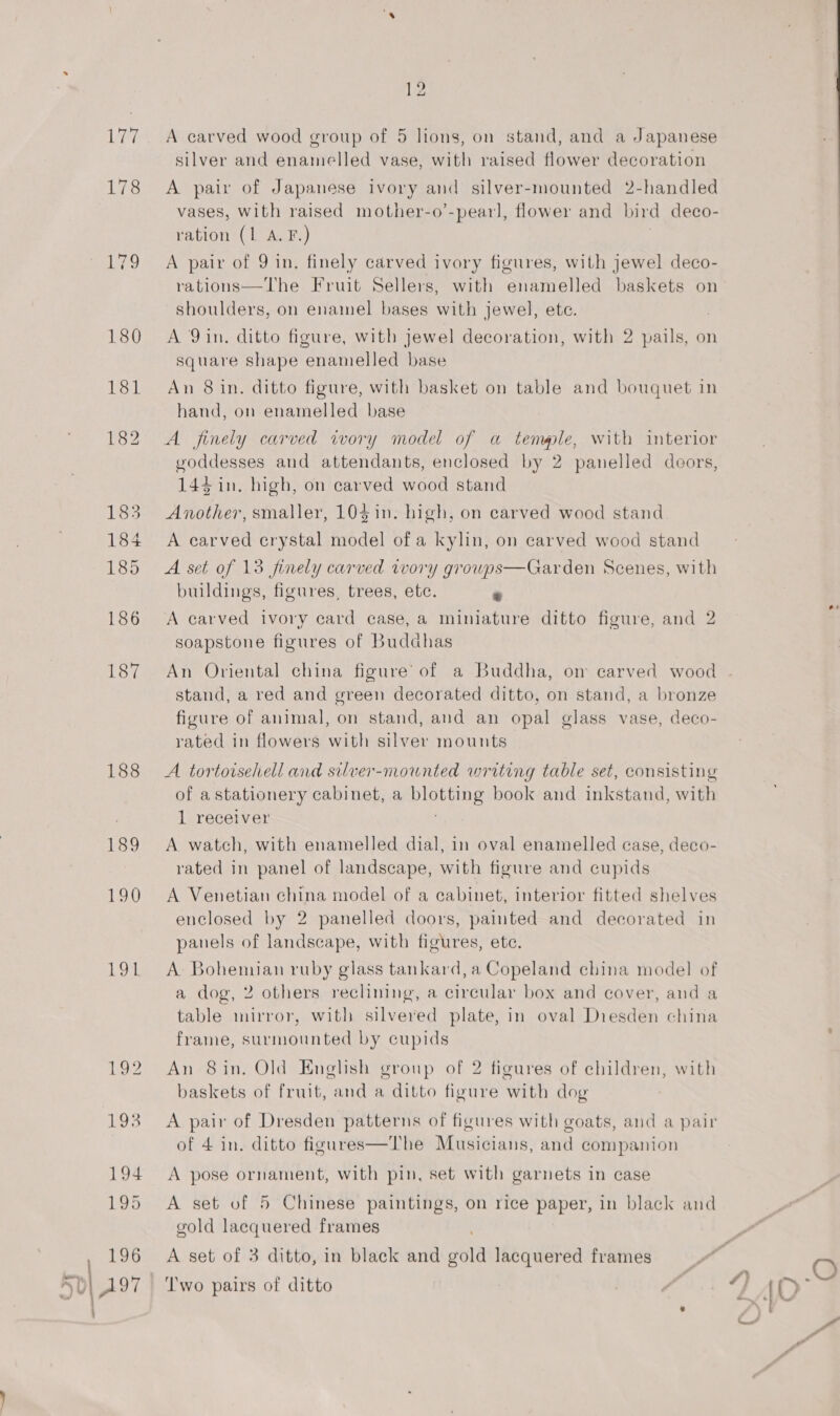 7 188 P39 190 LOL 12 A carved wood group of 5 lions, on stand, and a Japanese silver and enamelled vase, with raised flower decoration A pair of Japanese ivory and silver-mounted 2-handled vases, with raised mother-o’-pear], flower and bird deco- ration (1 A. F.) A pair of 9 in, finely carved ivory figures, with jewel deco- rations—The Fruit Sellers, with enamelled baskets on shoulders, on enamel bases with jewel, ete. A Qin. ditto figure, with jewel decoration, with 2 pails, on square shape enamelled base An 8 in. ditto figure, with basket on table and bouquet in hand, on enamelled base A finely carved wory model of a tenwle, with interior voddesses and attendants, enclosed by 2 panelled doors, 144 in, high, on carved wood stand Another, smaller, 10$ in. high, on carved wood stand A carved crystal model of a kylin, on carved wood stand A set of 13 finely carved wory groups—Garden Scenes, with buildings, figures, trees, etc. e A carved ivory card case, a miniature ditto figure, and 2 soapstone figures of Budahas An Oriental china figure of a Buddha, om carved wood stand, a red and green decorated ditto, on stand, a bronze figure of animal, on stand, and an opal glass vase, deco- rated in flowers with silver mounts A tortotsehell and silver-mounted writing table set, consisting of a stationery cabinet, a Pisin book and inkstand, with 1 receiver A watch, with enamelled dial, in oval enamelled case, deco- rated in panel of landscape, with figure and cupids A Venetian china model of a cabinet, interior fitted shelves enclosed by 2 panelled doors, painted and decorated in panels of landscape, with figures, ete. A Bohemian ruby glass tankard, a Copeland china model of a dog, 2 others reclining, a circular box and cover, and a table mirror, with silvered plate, in oval Diesden china frame, surmounted by cupids An 8in. Old English group of 2 figures of children, with baskets of fruit, and a ditto figure with dog A pair of Dresden patterns of figures with goats, and a pair of 4 in. ditto figures—The Musicians, and companion A pose ornament, with pin, set with garnets in case A set of 5 Chinese paintings, on rice paper, in black and gold lacquered frames A set of 3 ditto, in black and pole lacquered frames Two pairs of ditto er