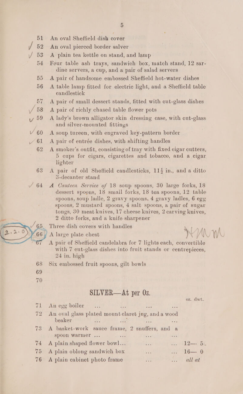 &lt; 63  5 An oval Sheffield dish cover An oval pierced border salver A plain tea kettle on stand, and lamp Four table ash trays, sandwich box, match stand, 12 sar- dine servers, a cup, and a pair of salad servers A pair of handsome embossed Sheffield hot-water dishes A table lamp fitted for electric hight, and a Sheffield table candlestick A pair of small dessert stands, fitted with cut-glass dishes A pair of richly chased table flower pots A lady’s brown alligator skin dressing case, with cut-glass and silver-mounted fittinys A soup tureen, with engraved key-pattern border A pair of entrée dishes, with shifting handles A smoker’s outfit, consisting of tray with fixed cigar cutters, 5 cups for cigars, cigarettes and tobacco, and a cigar lighter A pair of old Sheffield candlesticks, 114 in., and a ditto 3-decanter stand A Canteen Service of 18 soup spoons, 30 large forks, 18 dessert spoons, 18 smail forks, 18 tea spoons, 12 table spoons, soup ladle, 2 gravy spoons, 4 gravy ladles, 6 egg spoons, 2 mustard spoons, 4 salt spoons, a pair of sugar tongs, 30 meat knives, 17 cheese knives, 2 carving knives, 2 ditto forks, and a knife sharpener A pair of Sheffield candelabra for 7 lights each, conv ditible with 7 cut-glass dishes into fruit stands or centrepieces, 24 in. high Six embossed fruit spoons, gilt bowls SILVER—At per Oz. oz. dwt. An egg boiler if ae An oval glass plated mount claret jug, anda wood beaker. sa A basket-work sauce frame, 2 snuffers, and a spoon warmer ... mt A plain shaped flower ap bg .. L2—- 5 A plain oblong sandwich *: sae ... 1l6— 0 A plain cabinet photo frame fH Joes ORO