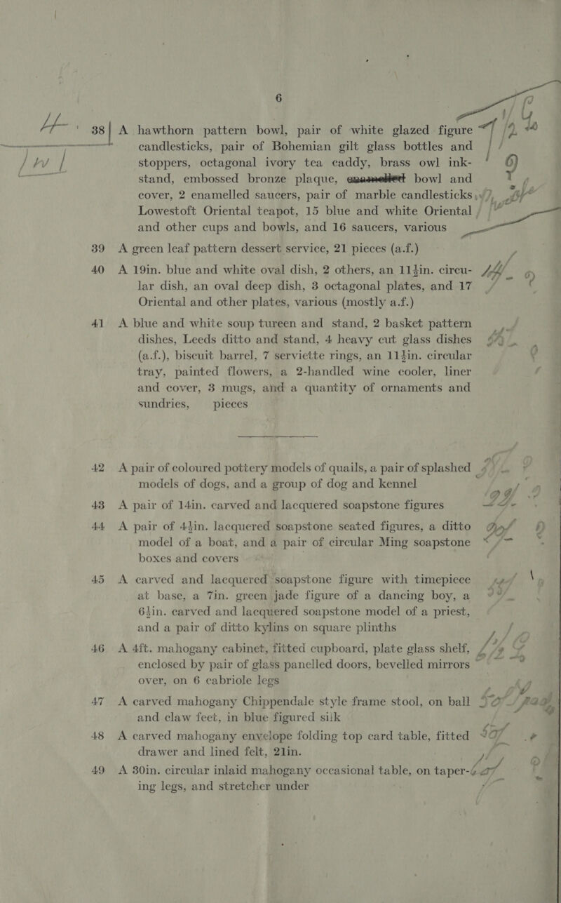 ‘a | 38 | del 39 4.0 Ad 49   A hawthorn pattern bowl, pair of white glazed figure /4, “4 candlesticks, pair of Bohemian gilt glass bottles and / stoppers, octagonal ivory tea caddy, brass owl ink- ; stand, embossed bronze plaque, eaaameHertt bowl and T f cover, 2 enamelled saucers, pair of marble candlesticks,» /, Lowestoft Oriental teapot, 15 blue and white Oriental , hed and other cups and bowls, and 16 saucers, various a A green leaf pattern dessert service, 21 pieces (a.f.) A 19in. blue and white oval dish, 2 others, an 114in. cireu- thy, , lar dish, an oval deep dish, 3 octagonal plates, and 17 , Oriental and other plates, various (mostly a.f.) e A blue and white soup tureen and stand, 2 basket pattern ; dishes, Leeds ditto and stand, 4 heavy cut glass dishes £7) . (a.f.), biscuit barrel, 7 serviette rings, an 114in. circular tray, painted flowers, a 2-handled wine cooler, liner and cover, 3 mugs, and a quantity of ornaments and sundries, — pieces A pair of coloured pottery models of quails, a pair of splashed yy . models of dogs, and a group of dog and kennel Pay    A pair of 14in. carved and lacquered soapstone figures Fe A pair of 44in. lacquered soapstone seated figures, a ditto Def §) model of a boat, and a pair of circular Ming soapstone i boxes and covers | A carved and lacquered soapstone figure with timepiece « ‘9 at base, a 7in. green jade figure of a dancing boy, a ¥%%. 64in. carved and lacquered soapstone model of a priest, and a pair of ditto kylins on square plinths pe A 4ft. mahogany cabinet, fitted cupboard, plate glass shelf, Z WY enclosed by pair of glass panelled doors, bevelled mirrors ~ © over, on 6 cabriole legs — AZ A carved mahogany Chippendale style frame stool, on ball 5 @- G is P| and claw feet, in blue figured suk Wan drawer and lined felt, 21lin. / A 30in. circular inlaid mahogany occasional table, on taper-¢ a7, ing legs, and stretcher under {fe 