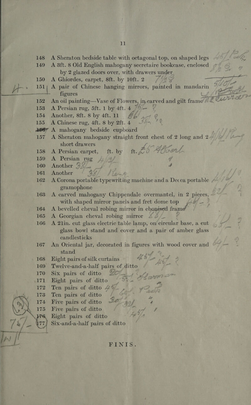           11 Twelve-and-a-half Pet of ditto Six pairs of ditto £07} 9 X /y . nw yn Eight pairs of ditto “98. 4? Ten pairs of ditto RS 2 Ten pairs of ditto ye Five pairs of ditto »*@_ a»9/ 4 Five pairs of ditto : ‘e Ms ED Hight pairs of ditto OYA FINIS. 148 A Sheraton bedside table with octagonal top, on shaped legs 149 A 3ft. 8 Old English mahogany secretaire bookcase, enclosed by 2 glazed doors over, with draw ers under, is 150 A Ghiordes, carpet, 8ft. by 10ft. 2 LVOG ie ee of a ne Lod ck A pair of Chinese hanging mirrors, painted in mandarin py f ——— figures Lf J 152. An oil painting—Vase of Flowers, in, carved and gilt frame / Cee Ge 153 A Persian rug, 5ft. 1 by 4ft. 4 Ojmm y, 154 Another, sft. 8 by 4ft.11 4Z/. 9 155 A Chinese rug, 4ft. 8 by 2ft.4 ~74&gt;5 7* &amp;06” A mahogany bedside cupboard 157 A Sheraton mahogany straight front chest of 2 long and 2. short drawers Lr bij Me 158 A Persian carpet, ft. by ft. 0 Lio. on. 159 A Persian rug — | if 160 Another 4. , | 4 161 Another BY 3 162. A Corona por table typewr fake machine and a Decca por sable (Pp ; gramophone 163 A carved mahogany Chippendale overmantel, in 2 pieces, with shaped mirror panels and fret dome top jae 164 A bevelled cheval robing mirror in ebonised framé” 165 &lt;A Georgian cheval robing mirror i | 166 A 2lin. cut glass electric table lamp, on ‘circular base, a cut glass bowl stand and cover and a pair of amber glass i candlesticks 167 An Oriental jar, lecorated 1 in figures with wood cover and stand Bes Hight pairs of silk curtains a y, ad