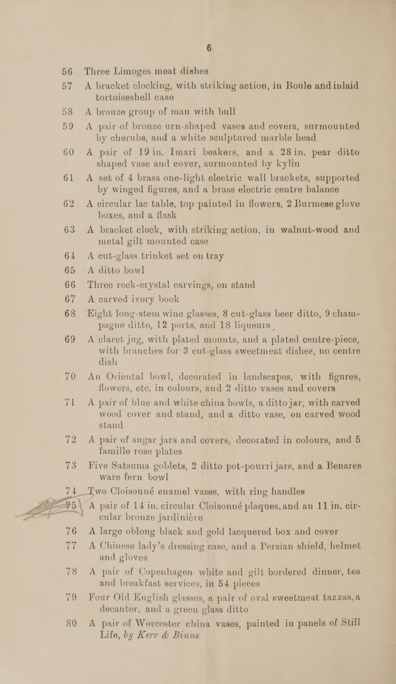 Three Limoges meat dishes A bracket clocking, with striking action, in Boule and inlaid tortoiseshell case A bronze group of man with bull A pair of bronze urn-shaped vases and covers, surmounted by cherubs, and a white sculptured marble head A pair of 19in. Imari beakers, and a 28in. pear ditto shaped vase and cover, surmounted by kylin A set of 4 brass one-light electric wall brackets, supported by winged figures, and a brass electric centre balance A circular lac table, top painted in flowers, 2 Burmese glove boxes, and a flask A bracket clock, with striking action, in walnut-wood and metal gilt mounted case A cut-glass trinket set on tray Three rock-crystal carvings, on stand A carved ivory book Hight long-stem wine glasses, 8 cut-glass beer ditto, 9 cham- pagne ditto, 12 ports, and 18 liqueurs _ A claret jug, with plated mounts, and a plated centre-piece, with branches for 3 cut-glass sweetmeat dishes, no centre dish An Oriental bowl, decorated in landscapes, with figures, flowers, etc. in colours, and 2 ditto vases and covers A pair of blue and white china bowls, a dittojar, with carved wood cover and stand, and a ditto vase, on carved wood stand A pair of sugar jars and covers, decorated in colours, and 5 famille rose plates Five Satsuma goblets, 2 ditto pot-pourri jars, and a Benares ware fern bowl A pair of 14 in. circular Cloisonné plaques, and an 11 in, cir- cular bronze jardiniére A large oblong black and gold lacquered box and cover A Chinese lady’s dressing case, and a Persian shield, helmet and gloves A pair of Copenhagen white and gilt bordered dinner, tea and breakfast services, in 54 pieces Four Old English glasses, a pair of oval sweetmeat tazzas, a decanter, and a green glass ditto A pair of Worcester china vases, painted in panels of Still Life, by Kerr &amp; Binns