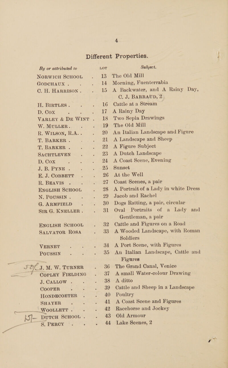NORWICH SCHOOL GODCHAUX . C. H. HARRISON . H. BIRTLES. D. Cox W. MULLER. R. WILSON, R.A. . T. BARKER . T. BARKER . SACHTLEVEN D. Cox O. 1B Y NE. K. J. COBBETT R. BEAVIS ENGLISH SCHOOL N. POUSSIN . G. ARMFIELD Str G. KNELLER . ENGLISH SCHOOL SALVATOR ROSA VERNET POUSSIN J os. J. M. W. TURNER CoPLEY FIELDING J. CALLOW . COOPER HONDECOETER SHAYER _WOOLLETT . S. PERCY 13 14 15 16 17 18 19 20 21 22 23 24 20 26 27 28 29 30 dl d2 33 34 35 36 37 38 39 40 Al 42 43 44 Subject. The Old Mill Morning, Fuenterrabia A Backwater, and A Rainy Day, C. J, BARRAUD, 2, Cattle at a Stream A Rainy Day Two Sepia Drawings The Old Mill An Italian Landscape and Figure A Landscape and Sheep A Figure Subject A Dutch Landscape A Coast Scene, Evening Sunset At the Well Coast Scenes, a pair A Portrait of a Lady in white Dress Jacob and Rachel | Dogs Ratting, a pair, circular Oval Portraits of a Lady and Gentleman, a pair . Cattle and Figures on a Road A Wooded Landscape, with Roman Soldiers A Port Scene, with Figures An Italian Landscape, Cattle and Figures The Grand Canal, Venice A small Water-colour Drawing A. ditto Cattle and Sheep ina Landseape Poultry A Coast Scene and Figures Racehorse and Jockey Old Armour Lake Scenes, 2
