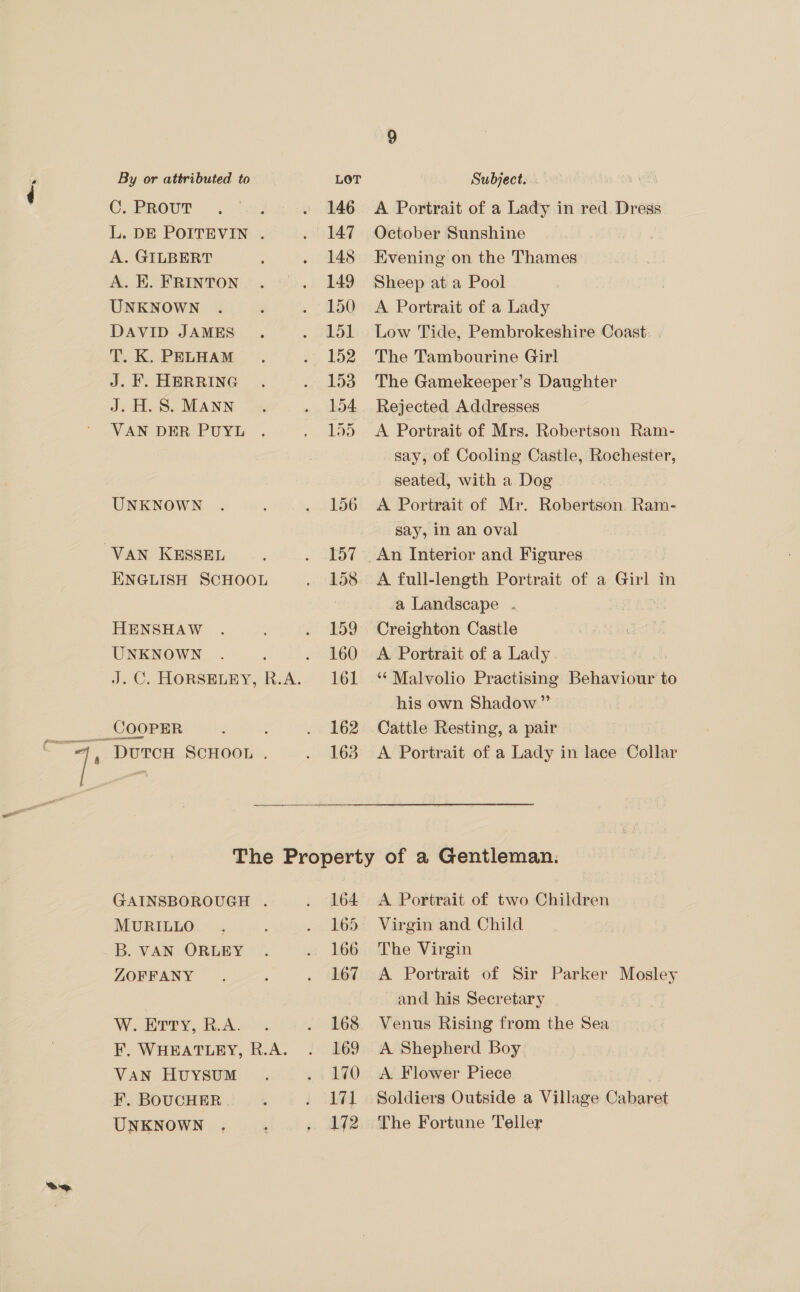 C. PROUT A. GILBERT A. K. FRINTON UNKNOWN DAVID JAMES T. K. PELHAM J. F. HERRING J. H. 8S. MANN VAN DER PUYL UNKNOWN VAN KESSEL HENSHAW UNKNOWN A Portrait of a Lady in red. Dress October Sunshine Evening on the Thames Sheep at a Pool A Portrait of a Lady Low Tide, Pembrokeshire Coast. . The Tambourine Girl The Gamekeeper’s Daughter Rejected Addresses A Portrait of Mrs. Robertson Ram- say, of Cooling Castle, Rochester, seated, with a Dog | A Portrait of Mr. Robertson Ram- say, in an oval A full-length Portrait of a Girl in a Landscape . ‘ Creighton Castle A Portrait of a Lady ‘‘ Malvolio Practising Behaviour to his own Shadow” Cattle Resting, a pair A Portrait of a Lady in lace Collar MURILLO B. VAN ORLEY ZOFFANY W. ETTy, R.A. VAN HUYSUM F. BOUCHER. UNKNOWN 164 165 166 167 168 169 170 171 172 A Portrait of two Children Virgin and Child The Virgin A Portrait of Sir Parker Mosley and his Secretary Venus Rising from the Sea A Shepherd Boy A Flower Piece Soldiers Outside a Village Cabaret The Fortune Teller