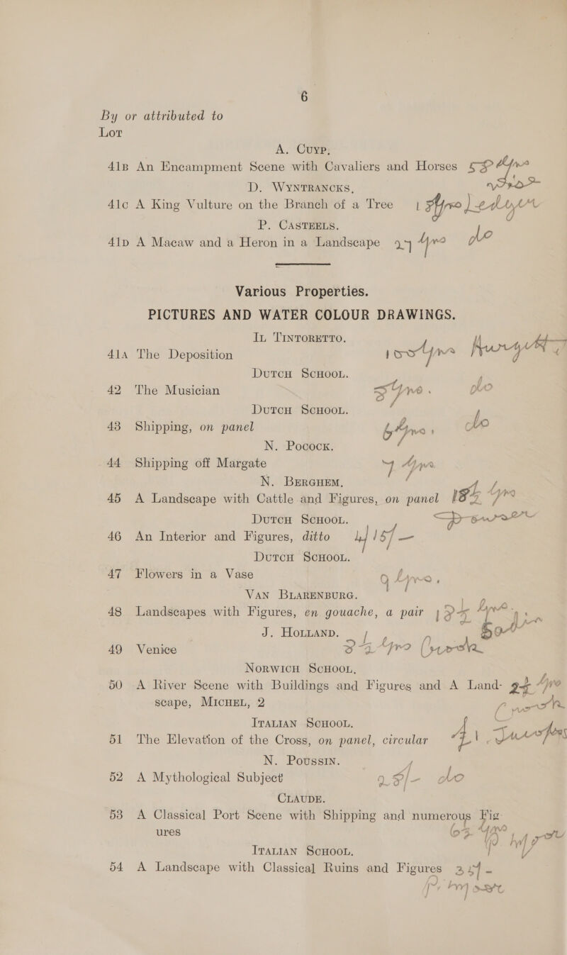 41B 4lc 41D 41A 54 A. Cuyp, An Encampment Scene with Cavaliers and Horses £3 D. WYNTRANCKS, A King Vulture on the Branch of a Tree | Ayo Ledyr P. CASTEELS. , ; A Macaw and a Heron in a Landscape 44 4 ne) P Various Properties. PICTURES AND WATER COLOUR DRAWINGS. Iu TINTORETTO. 1 kt The Deposition } oot aie fut, 4 DutcH ScHoou. P The Musician Syn. = pho DutcH ScHOOL. : Shipping, on panel 1 4, a bo = sta N. Pocock. f Shipping off Margate Ss A yr N. BrErGcuem, A Landscape with Cattle and Figures, on suse 1 ith Ps Dutcu ScHoon. — roe An Interior and Figures, ditto |) 54 —. DutcH SCHOOL. Flowers in a Vase Q Lire, VAN BLARENBURG. ae ao Landscapes with Figures, en gouache, a pair at ae $e J, Hompanp: a £, ee lee Venice &gt; gyre Cam: NorwicH ScHOOL. A River Scene with Buildings and Figures and A Land- ah scape, MicHEL, 2 eae ITALIAN SCHOOL. CL ul The Elevation of the Cross, on panel, circular Jue ‘ N. Povssin. A Mythological Subject 9 &lt;i. &gt; (oo CLAUDE. A Classical Port Scene with Shipping and numerous Fig- df AMD ures (OS. TA 1 4 gpl Yd. hh &amp; ITALIAN SCHOOL. | i A Landscape with Classical Ruins and Figures 2 Hf yr + YY) OC