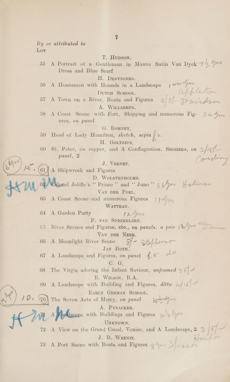    Lot ‘I’. Hupson, 55 A Portrait of a Gentleman in Mauve Satin Van Dyck -/~ Ys Dress and Blue Searf | H. DESVIGNES. % 56 A Huntsman with Hounds in a Landscape 470° Mee el Dutcn ScHoot. 0 ORG ALES 57 A Town on a River, Boats and Figures 9/ 5 4 3 - Oe Lee A. WILLAERTS, | 58 A Coast Scene with Fort, Shipping and numerous Fig- 2 A Yre ures, on panel G. Romyey, 59 Head of Lady Hamilton, sketch, sepia} > HH. Gomrziws, ; ae 60 St. Peter, on copper, and A -Conflagration, SEGHERS, on 9% //57- : panel, 2 1 ated ( A _ J. VERNET. rns ee oly LS : (61 A ee and Figures _ gaa D. WoLsTENHOLME. 62° ‘Color el Joliffe’s ‘‘ Prince’ and ‘‘ Juno”? 264jro /ta4>~t irk VAN DER POEL, 63 A Coast Scene and numerous Figures | pty, WATTEAU. : 64 <A Garden Party {2Gre P. van SPREKELSEN. 65 River Seenes and Figures, ete., on panels, a pair Ly, yo : VAN DER NEER. 66 A Moonlight River Scene SP] ere } ne i JAN Boru. Nar 67 A Landscape and Figures, on panel f 0 CoG | 68 The Virgin adoring the Infant Saviour, unframed % 5 ” R. Wiuson, R.A. ; ~~ 69 A Landscape with [Building and Figures, ditto |i 13, al 4 Ay | EARLY GERMAN SCHOOL. a. / Oi @ The Seven Acts of Mercy, on panel Way 3 A. PYNACKER. . ape with Buildings and Figures \,  Z rn] Ag UNKNOWN,  J. ‘B. WEreEnIx. | 73 A Port Seene with Boats and Figures re ae ed |