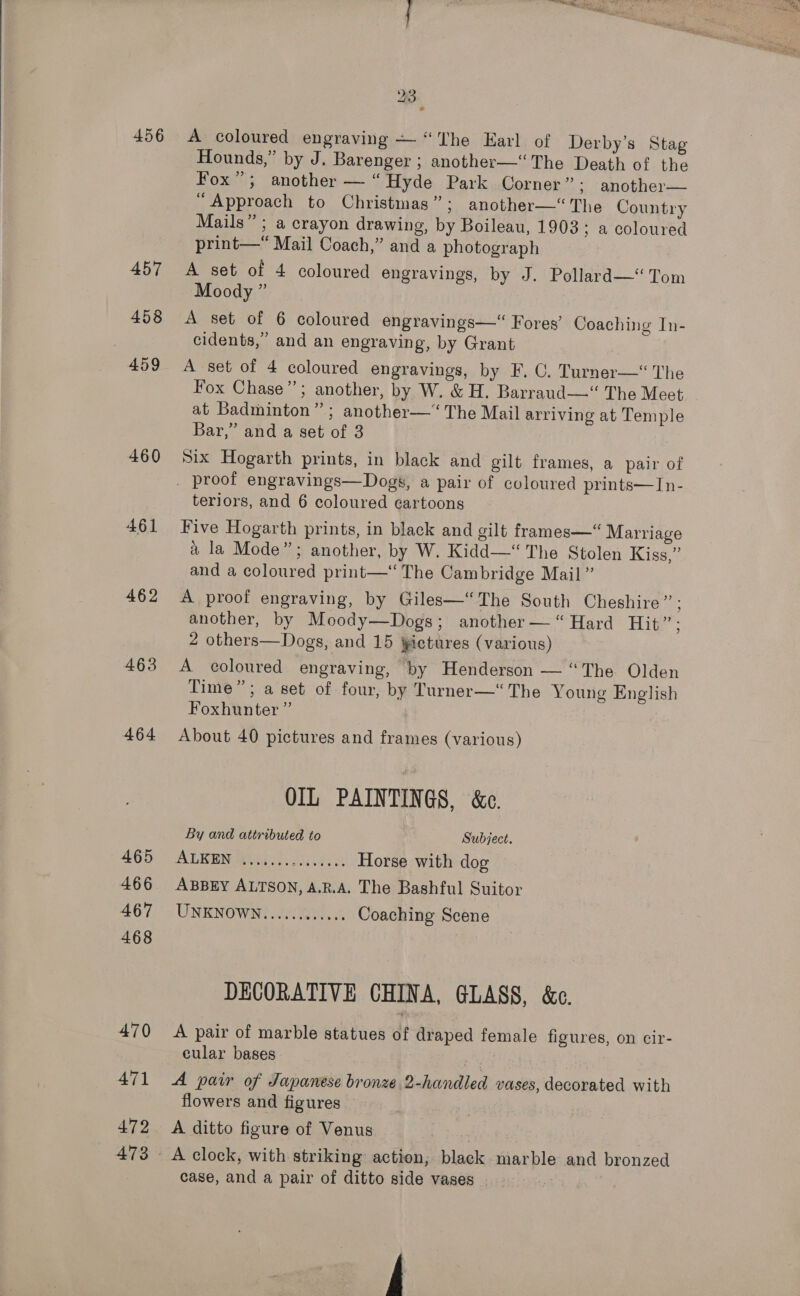 456 457 458 459 460 461 462 463 464 465 466 467 468 470 471 472 473 23 A coloured engraving — “The Earl of Derby’s Stag Hounds,” by J. Barenger ; another—“ The Death of the Fox”; another — “Hyde Park Corner” ; another— “Approach to Christmas”; another—“The Country Mails” ; a crayon drawing, by Boileau, 1903; a coloured print—* Mail Coach,” and a photograph A set of 4 coloured engravings, by J. Pollard—“‘ Tom Moody ” A set of 6 coloured engravings—“ Fores’ Coaching In- cidents,” and an engraving, by Grant A set of 4 coloured engravings, by F. C. Turner—“ The Fox Chase”; another, by W. &amp; H. Barraud—“ The Meet at Badminton”; another—‘ The Mail arriving at Temple Bar,” and a set of 3 Six Hogarth prints, in black and gilt frames, a pair of teriors, and 6 coloured cartoons Five Hogarth prints, in black and gilt frames—“ Marriage a la Mode”; another, by W. Kidd—“ The Stolen Kiss,” and a coloured print—“ The Cambridge Mail” A proof engraving, by Giles—“The South Cheshire” ; another, by Moody—Dogs; another — “Hard Hit”: 2 others—Dogs, and 15 ictures (various) A coloured engraving, by Henderson — “The Olden Time”; a set of four, by Turner—‘“ The Young English Foxhunter ” } About 40 pictures and frames (various) OIL PAINTINGS, &amp;c. By and attributed to Subject. ALKEN ....... wis Horse with dog ABBEY ALTSON, A.R.A. The Bashful Suitor UNKNOWN? AN Ri Coaching Scene DECORATIVE CHINA, GLASS, &amp;c. A pair of marble statues of draped female figures, on cir- cular bases. A pair of Japanese bronze 2-handled vases, decorated with flowers and figures — A ditto figure of Venus case, and a pair of ditto side vases. | 
