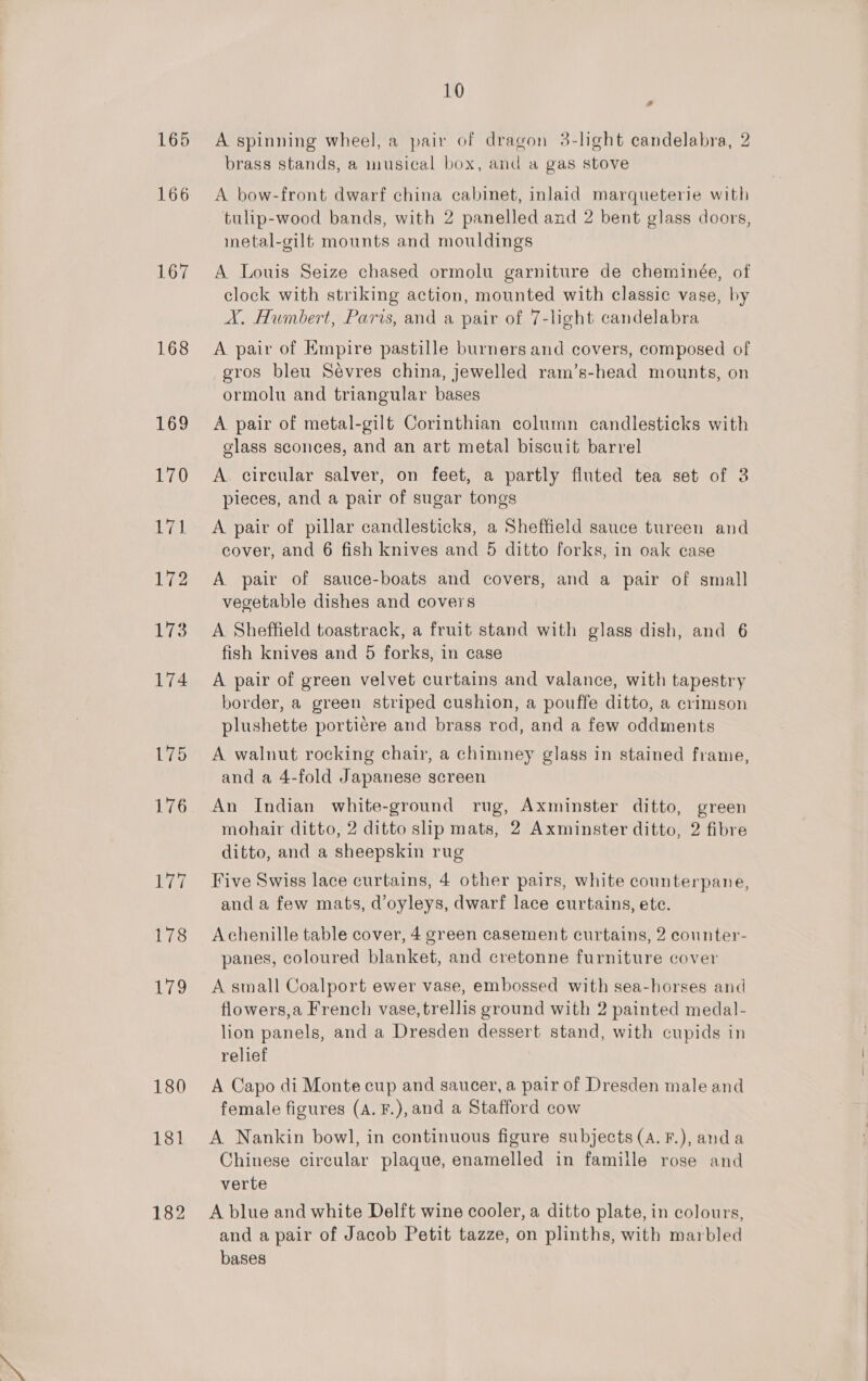 165 168 169 180 181 10 ad A spinning wheel, a pair of dragon 3-light candelabra, 2 brass stands, a musical box, and a gas stove A bow-front dwarf china cabinet, inlaid marqueterie with tulip-wood bands, with 2 panelled and 2 bent glass doors, metal-gilt mounts and mouldings A Louis Seize chased ormolu garniture de cheminée, of clock with striking action, mounted with classic vase, by X,. Humbert, Paris, and a pair of 7-light candelabra A pair of Empire pastille burners and covers, composed of gros bleu Sévres china, jewelled ram’s-head mounts, on ormolu and triangular bases A pair of metal-gilt Corinthian column candlesticks with glass sconces, and an art metal biscuit barrel A circular salver, on feet, a partly fluted tea set of 3 pieces, and a pair of sugar tongs A pair of pillar candlesticks, a Sheffield sauce tureen and cover, and 6 fish knives and 5 ditto forks, in oak case A pair of sauce-boats and covers, and a pair of small vegetable dishes and covers A Sheffield toastrack, a fruit stand with glass dish, and 6 fish knives and 5 forks, in case A pair of green velvet curtains and valance, with tapestry border, a green striped cushion, a pouffe ditto, a crimson plushette portiére and brass rod, and a few oddments A walnut rocking chair, a chimney glass in stained frame, and a 4-fold Japanese screen An Indian white-ground rug, Axminster ditto, green mohair ditto, 2 ditto slip mats, 2 Axminster ditto, 2 fibre ditto, and a sheepskin rug Five Swiss lace curtains, 4 other pairs, white counterpane, and a few mats, d’oyleys, dwarf lace curtains, ete. Achenille table cover, 4 green casement curtains, 2 counter- panes, coloured blanket, and cretonne furniture cover A small Coalport ewer vase, embossed with sea-horses and flowers,a French vase, trellis ground with 2 painted medal- lion panels, and a Dresden dessert stand, with cupids in relief A Capo di Monte cup and saucer, a pair of Dresden male and female figures (A. F.), and a Stafford cow A. Nankin bowl, in continuous figure subjects (A. F.), anda Chinese circular plaque, enamelled in famille rose and verte A blue and white Delft wine cooler, a ditto plate, in colours, and a pair of Jacob Petit tazze, on plinths, with marbled