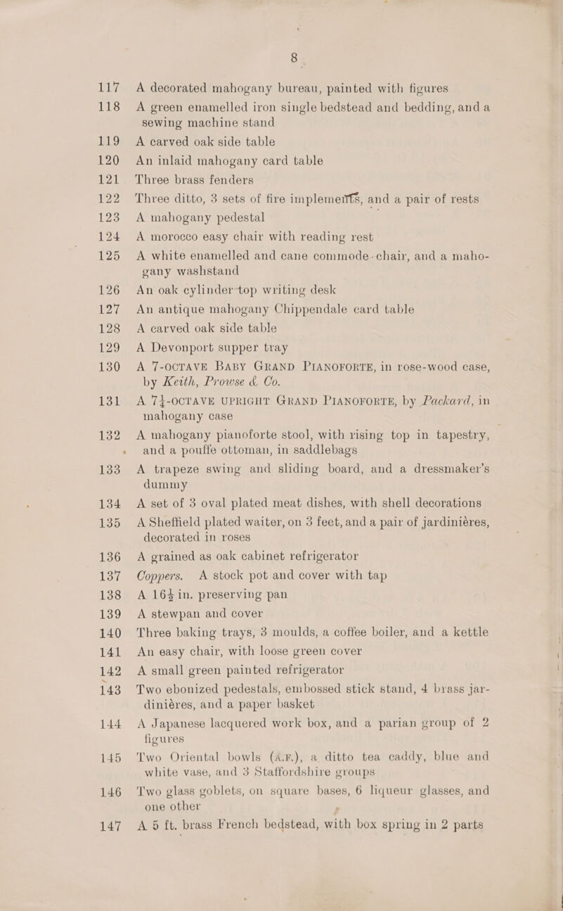 144 146 8. A decorated mahogany bureau, painted with figures A green enamelled iron single bedstead and bedding, and a sewing machine stand A carved oak side table An inlaid mahogany card table Three brass fenders Three ditto, 3 sets of fire implements, and a pair of rests A mahogany pedestal p A morocco easy chair with reading rest A white enamelled and cane commode~chair, and a maho- gany washstand An oak cylinder top writing desk An antique mahogany Chippendale card table A carved oak side table A Devonport supper tray A 7-OCTAVE BABY GRAND PIANOFORTE, in rose-wood case, by Ketth, Prowse &amp; Co. A. 74-OCTAVE UPRIGHT GRAND PIANOFORTE, by Packard, in mahogany case A mahogany pianoforte stool, with rising top in tapestry, and a pouffe ottoman, in saddlebags A trapeze swing and sliding board, and a dressmaker’s dummy A set of 3 oval plated meat dishes, with shell decorations A Sheffield plated waiter, on 3 feet, and a pair of jardiniéres, decorated in roses A grained as oak cabinet refrigerator Coppers. A stock pot and cover with tap A 164 in. preserving pan A stewpan and cover Three baking trays, 3 moulds, a coffee boiler, and a kettle An easy chair, with loose green cover A small green painted refrigerator Two ebonized pedestals, embossed stick stand, 4 brass jar- diniéres, and a paper basket A Japanese lacquered work box, and a parian group of 2 figures Two Oriental bowls (4.8), a ditto tea caddy, blue and white vase, and 3 Staffordshire groups | Two glass goblets, on square bases, 6 liqueur glasses, and one other |