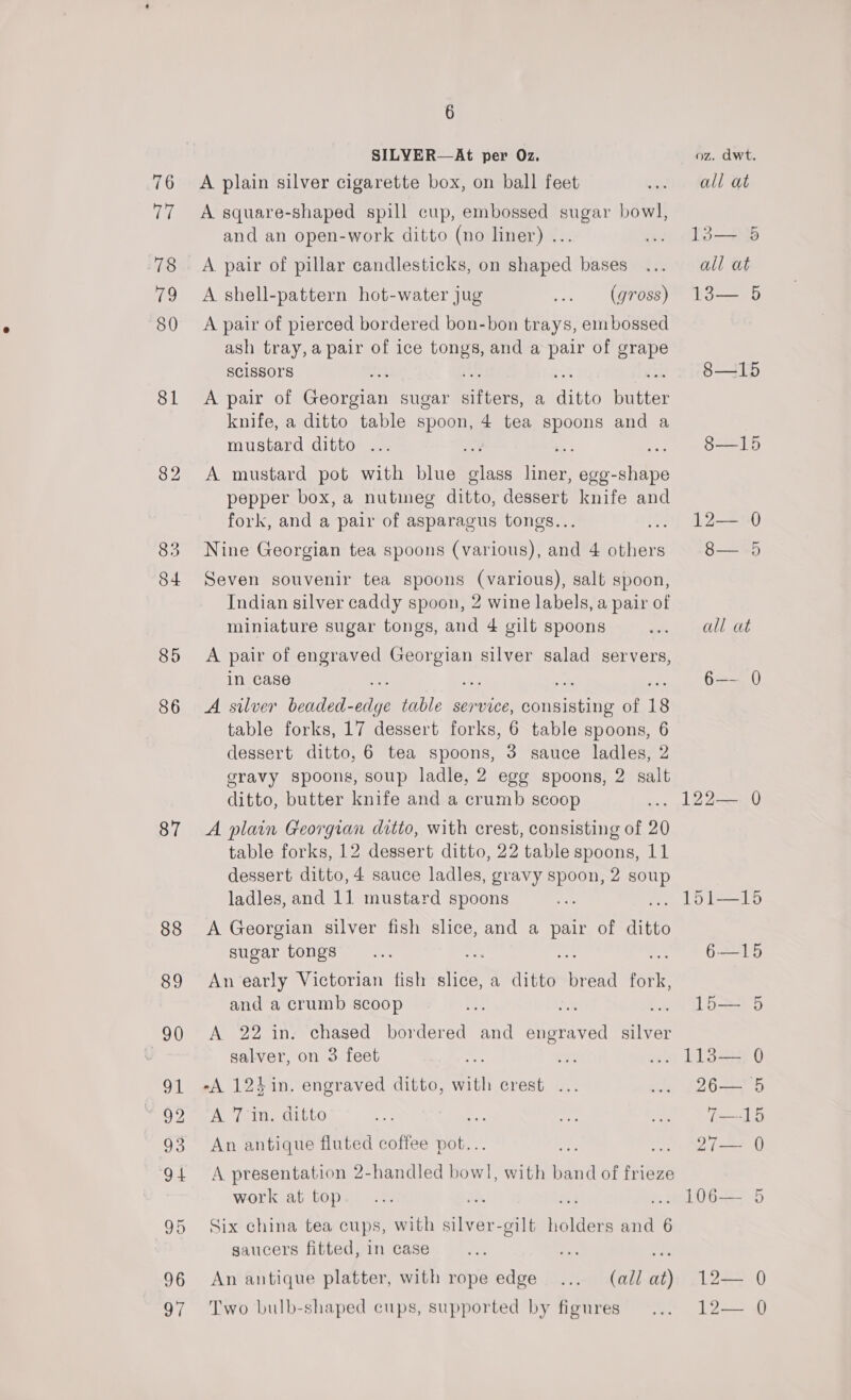 85 86 87 88 89 90 91 ew 93 94 95 96 97 6 SILYER—At per Oz, A plain silver cigarette box, on ball feet A square-shaped spill cup, embossed sugar bowl, and an open-work ditto (no liner) ... A pair of pillar candlesticks, on shaped bases A shell-pattern hot-water jug of (gross) A pair of pierced bordered bon-bon trays, embossed ash tray,a pair of ice tongs, and a pair of grape scissors A pair of Gsereen sugar eet a, ages Water knife, a ditto table spoon, 4 tea spoons and a mustard ditto ... A mustard pot with blue ee rhea ege- a pepper box, a nutmeg ditto, dessert knife and fork, and a pair of asparagus tongs... Nine Georgian tea spoons (various), and 4 others Seven souvenir tea spoons (various), salt spoon, Indian silver caddy spoon, 2 wine labels, a pair of miniature sugar tongs, and 4 gilt spoons A pair of engraved SRLSEN silver salad servers, in case o. A silver beaded- ie table service, consisting of 18 table forks, 17 dessert forks, 6 table spoons, 6 dessert ditto, 6 tea spoons, 3 sauce ladles, 2 gravy spoons, soup ladle, 2 egg spoons, 2 salt ditto, butter knife and a crumb scoop ” A plain Georgian ditto, with crest, consisting of 20 table forks, 12 dessert ditto, 22 table spoons, 11 dessert ditto, 4 sauce ladles, gravy spoon, 2 soup ladles, and 11 mustard spoons A Georgian silver fish slice, and a pair of aitto sugar tongs ~~ ae An early Victorian fish slice, a ditto bread fork, and a crumb scoop Ae A 22 in. chased bordered and engraved silver salver, on 3 feet ¥ -A 124 in. engraved ditto, with crest ... A 7 in. ditto se An antique fluted coffee pot... “0 A presentation 2-handled bowl, with band of frieze work at top ie ey s Six china tea cups, with silver-gilt holders and 6 saucers fitted, in case ae aS An antique platter, with rope edge... (all at) Two bulb-shaped cups, supported by figures  oz. Aawt all at fio—a all at too 8—iId 8-1) Lt) ee 5 all at ye he) = ph 2 Dee 1p i) 62415 15-95 LIS s 6 20344 fees 2(—2 G 1067 L2— Q Lee al)
