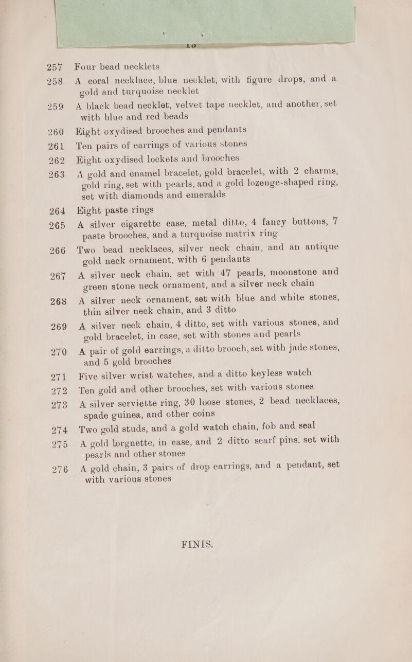 257 \ A apn enee eee Four bead necklets A coral necklace, blue necklet, with figure drops, and a gold and turquoise necklet A black bead necklet, velvet tape necklet, and another, set with blue and red beads Hight oxydised brooches and pendants Ten pairs of earrings of various stones Eight oxydised lockets and brooches A gold and enamel bracelet, gold bracelet, with 2 charms, gold ring, set with pearls, and a gold lozenge-shaped ring, set with diamonds and emeralds : Eight paste rings A silver cigarette case, metal ditto, 4 fancy buttons, a paste brooches, and a turquoise matrix ring Two bead necklaces, silver neck chain, and an antique gold neck ornament, with 6 pendants A silver neck chain, set with 47 pearls, moonstone and green stone neck ornament, and a silver neck chain A silver neck ornament, set with blue and white stones, thin silver neck chain, and 3 ditto A silver neck chain, 4 ditto, set with various stones, and gold bracelet, in case, set with stones and pearls A pair of gold earrings, a ditto brooch, set with jade stones, and 5 gold brooches Five silver wrist watches, and a ditto keyless watch Ten gold and other brooches, set with various stones A silver serviette ring, 30 loose stones, 2 bead necklaces, spade guinea, and other coins Two gold studs, and a gold watch chain, fob and seal A gold lorgnette, in case, and 2 ditto scarf pins, set with pearls and other stones A gold chain, 3 pairs of drop earrings, and a pendant, set with various stones FINIS.