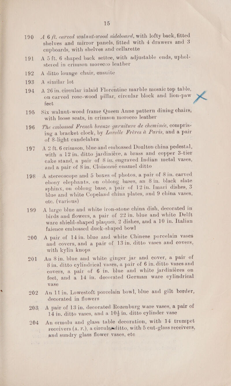 190 bes as 192 193 194 195 196 197 198 199 201 15 A 6 ft. carved walnut-wood sideboard, with lofty back, titted shelves and mirror panels, fitted with 4 drawers and 3 cupboards, with shelves and cellarette A 5ft. 6 shaped back settee, with adjustable ends, uphol- stered in crimson morocco leather A ditto lounge chair, ensuite A similar lot A 26 in. circular inlaid Florentine marble mosaic top table, on carved rose-wood pillar, circular block and lion-paw feet Six walnut-wood frame Queen Anne pattern dining chairs, with loose seats, in crimson morocco leather The embossed French bronze garniture de cheminée, compris- ing a bracket clock, by Larolle Freres &amp; Paris, and a pair of 8-light candelabra A 2 ft. 6 erimson, blue and embossed Doulton china pedestal, with a 12in. ditto jardiniére, a brass and copper 3-tier cake stand, a pair of 8 im. engraved Indian metal vases, and a pair of 8 in, Cloisonné enamel ditto A stereoscope and 5 boxes of photos, a pair of 8 in. carved ebony elephants, on oblong bases, an 8 in. black slate sphinx, on oblong base, a pair of 12 in. Imari dishes, 3 blue and white Copeland china plates, and 9 china vases, etc. (various) A large blue and white iron-stone china dish, decorated in birds and flowers, a pair of 22 in, blue and white Delft ware shield-shaped plaques, 2 dishes, and a 10 in. Italian faience embossed duck-shaped bowl and covers, and a pair of 13 in. ditto vases and covers, with kylin knops An Sin. blue and white ginger jar and cover, a pair of 8 in. ditto cylindrical vases, a pair of 6 in. ditto vases and covers, a pair of 6 in. blue and white jardinieres on feet, and a 14 in. decorated German ware cylindrical vase An 11 in. Lowestoft porcelain bowl, blue and gilt border, decorated in flowers A pair of 13 in. decorated Rozenburg ware vases, a pair of 14 in. ditto vases, and a 104 in. ditto cylinder vase An ormolu and glass table decoration, with 14 trumpet receivers (A. F.), a circulamditto, with 5 cut-glass receivers, and sundry glass flower vases, ete