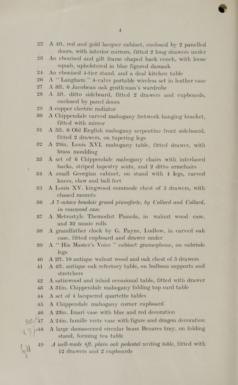 np | 47 L 9 ae +, ie 4 A 4ft. red and gold lacquer cabinet, enclosed by 2 panelled doors, with interior mirrors, fitted 2 long drawers under An ebonised and gilt frame shaped back couch, with loose squab, upholstered in blue figured damask An ebonised 4-tier stand, and a deal kitchen table A “* Langham ” 4-valve portable wireless set in leather case A 3ft. 6 Jacobean oak gentleman’s wardrobe A 5ft. ditto sideboard, fitted 2 drawers and cupboards, enclosed by panel doors A copper electric radiator A Chippendale carved mahogany fretwork hanging bracket, fitted with mirror A 5ft. 6 Old English mahogany serpentine front sideboard, fitted 2 drawers, on tapering legs A 29in. Louis XVI. mahogany table, fitted drawer, with brass moulding A set of 6 Chippendale mahogany chairs with interlaced backs, striped tapestry seats, and 2 ditto armchairs A small Georgian cabinet, on stand with 4 legs, carved knees, claw and ball feet A Louis XV. kingwood commode chest of 5 drawers, with chased mounts A 7-octave boudoir grand pianoforte, by Collard and Collard, in rosewood case A Metrostyle: Themodist Pianola, in walnut wood case, and 32 music rolls A grandfather clock by G. Payne, Ludlow, in carved oak case, fitted cupboard and drawer under A ‘‘ His Master’s Voice ” cabinet gramophone, on cabriole legs A 2ft. 10 antique walnut wood and oak chest of 5 drawers A 4ft. antique oak refectory table, on bulbous supports and stretchers A satinwood and inlaid occasional table, fitted with drawer A 3lin. Chippendale mahogany folding top card table A set of 4 lacquered quartette tables A Chippendale mahogany corner cupboard A 28in. Imari vase with blue and red decoration A 24in. famille verte vase with figure and dragon decoration A large damascened circular brass Benares tray, on folding stand, forming tea table A well-made 4ft. plain oak pedestal writing table, fitted with