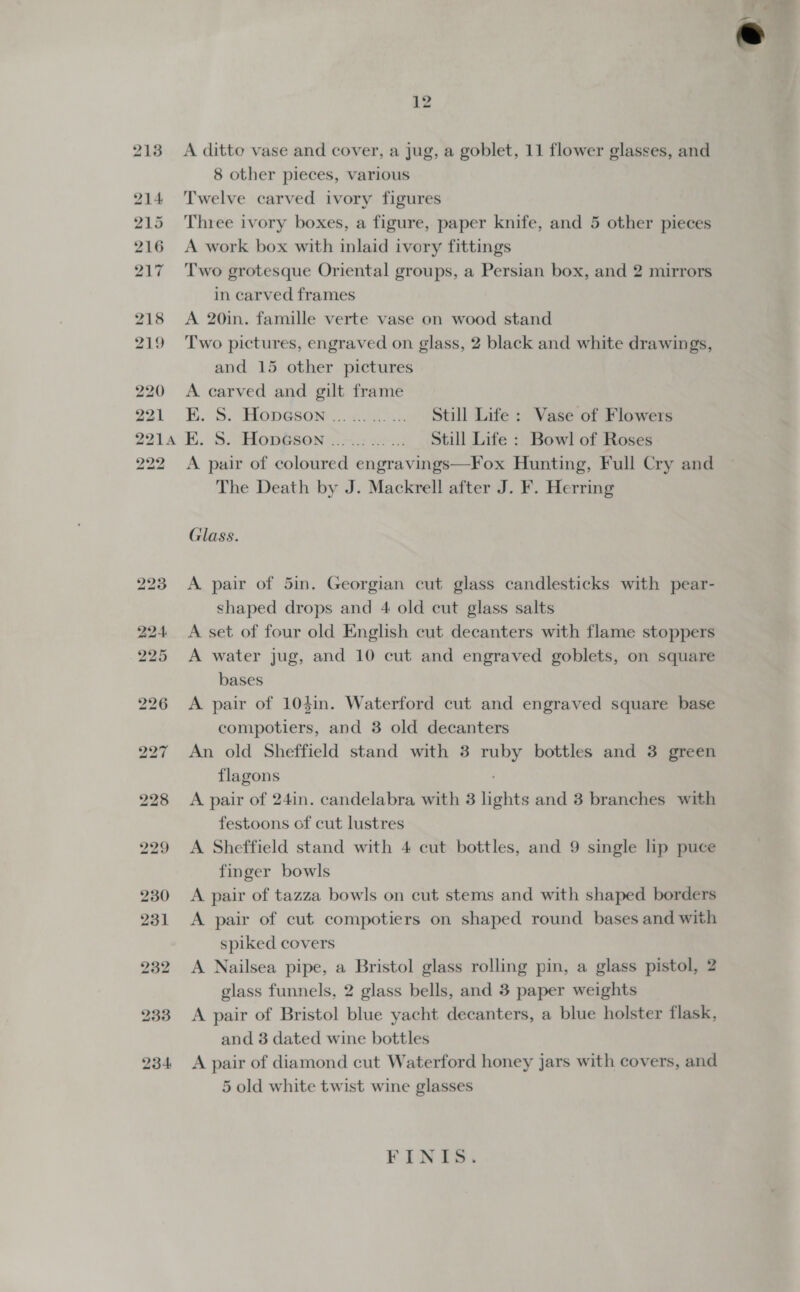 213 214 215 216 217 218 219 bo © 2 2 bo be _— bo nN wb tS 12 A ditto vase and cover, a jug, a goblet, 11 flower glasses, and 8 other pieces, various Twelve carved ivory figures Three ivory boxes, a figure, paper knife, and 5 other pieces A work box with inlaid ivory fittings Two grotesque Oriental groups, a Persian box, and 2 mirrors in carved frames A 20in. famille verte vase on wood stand Two pictures, engraved on glass, 2 black and white drawings, and 15 other pictures A carved and gilt frame EK. S. Honeson ............. Still Life: Vase of Flowers AE. S. Honéson .....:......_ Still Life : Bowl of Roses A pair of coloured engravings—Fox Hunting, Full Cry and The Death by J. Mackrell after J. F. Herring Glass. A pair of 5in. Georgian cut glass candlesticks with pear- shaped drops and 4 old cut glass salts A set of four old English cut decanters with flame stoppers A water jug, and 10 cut and engraved goblets, on square bases A pair of 104in. Waterford cut and engraved square base compotiers, and 3 old decanters An old Sheffield stand with 3 ruby bottles and 3 green flagons A pair of 24in. candelabra with 3 lights and 3 branches with festoons of cut lustres A Sheffield stand with 4 cut bottles, and 9 single lip puce finger bowls A pair of tazza bowls on cut stems and with shaped borders A pair of cut compotiers on shaped round bases and with spiked covers A Nailsea pipe, a Bristol glass rolling pin, a glass pistol, 2 glass funnels, 2 glass bells, and 3 paper weights A pair of Bristol blue yacht decanters, a blue holster flask, and 8 dated wine bottles A pair of diamond cut Waterford honey jars with covers, and 5 old white twist wine glasses FINIS.
