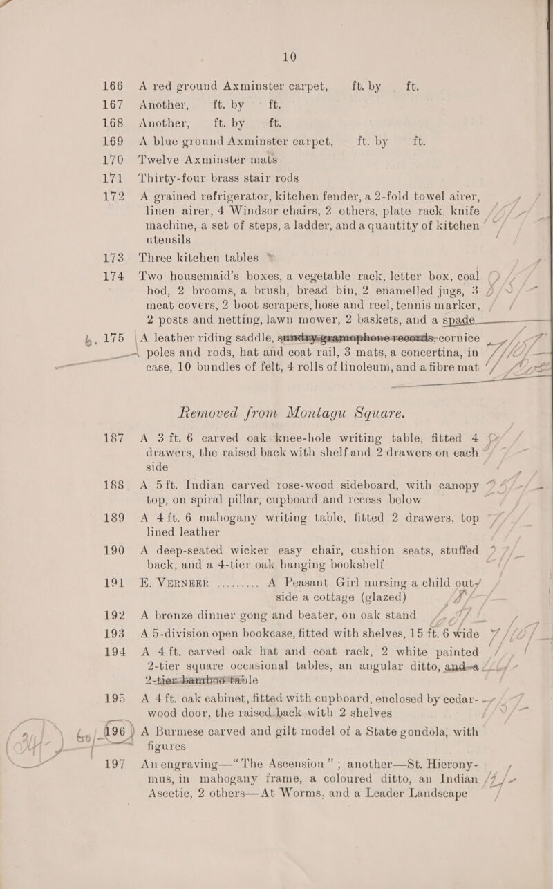 ~~ 166 167 168 169 170 bit 172 iis 174 195 197 | _A leather riding saddle, sundaysgramophone-+records;cornice | /. 7 - poles and rods, hat aha coat rail, 3 fa a pence in S/O, case, 10 bundles of felt, 4 rolls of inoteutes and afibremat ‘/ “xf 10 A red ground Axminster carpet, ft. by . ft. Another, EU vane ie Another, fti, by. at. A blue ground Axminster carpet, ft. by ft. Twelve Axminster mats Thirty-four brass stair rods A grained refrigerator, kitchen fender, a 2-fold towel airer, linen airer, 4 Windsor chairs, 2 others, plate rack, knife )/ machine, a set of steps, a ladder, anda quantity of kitchen ° utensils Three kitchen tables © y Two housemaid’s boxes, a vegetable rack, letter box, coal (&gt; /, hod, 2 brooms, a brush, bread bin, 2 enamelled jugs, 3 / /~ meat covers, 2 boot scrapers, hose and reel, tennis marker, 2 posts and netting, lawn mower, 2 Ganicera and as Shate —e    Removed from Montagu Square. A 3 ft. 6 carved oak. knee-hole writing table, fitted 4 (&gt; drawers, the raised back with shelf and 2:drawers on each ~ side A 5ft. Indian carved rose-wood sideboard, with canopy ~ top, on spiral pillar, cupboard and recess below A 4ft. 6 mahogany writing table, fitted 2 drawers, top lined leather A deep-seated wicker easy chair, cushion seats, stuffed 7 back, and a 4-tier oak hanging bookshelf ; Ei VERNEER ......8.- A Peasant Girl nursing a child outy . side a cottage (glazed) ad A bronze dinner gong and beater, on oak stand 4, .7/ ¢. y A 5-division open bookcase, fitted with shelves, 15 ft. 6 wide } A 4ft. carved oak hat and coat rack, 2 white painted / / 2-tier square occasional tables, an angular ditto, andea J.» 2-tiem-banrbod “table A 4ft. oak cabinet, fitted with cupboard, enclosed by SOnAE Sy , / wood door, the raised.back with 2 shelves (/™ figures An engraving—“ The Ascension” ; another—St. Hierony- ° : . / mus, in mahogany frame, a coloured ditto, an Indian /7 /~